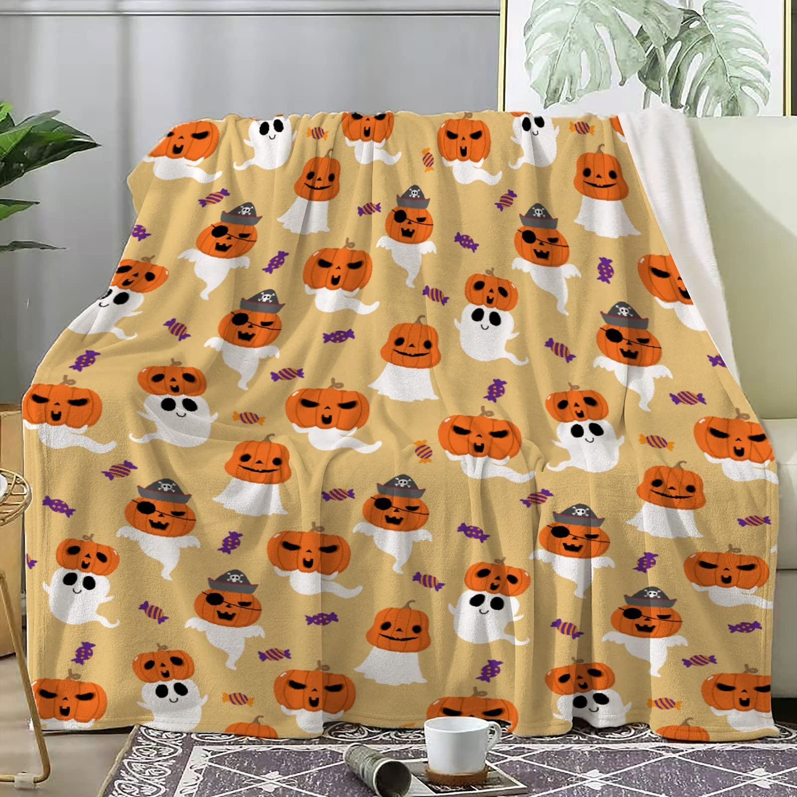 Halloween Pumpkin Throw Flannel Blanket - 120x90 Inches Lightweight Cozy Warm Microfiber Blanket for Bed, Sofa & Couch - Perfect for Family Movie Nights, Fall Decor & Seasonal Home Comfort