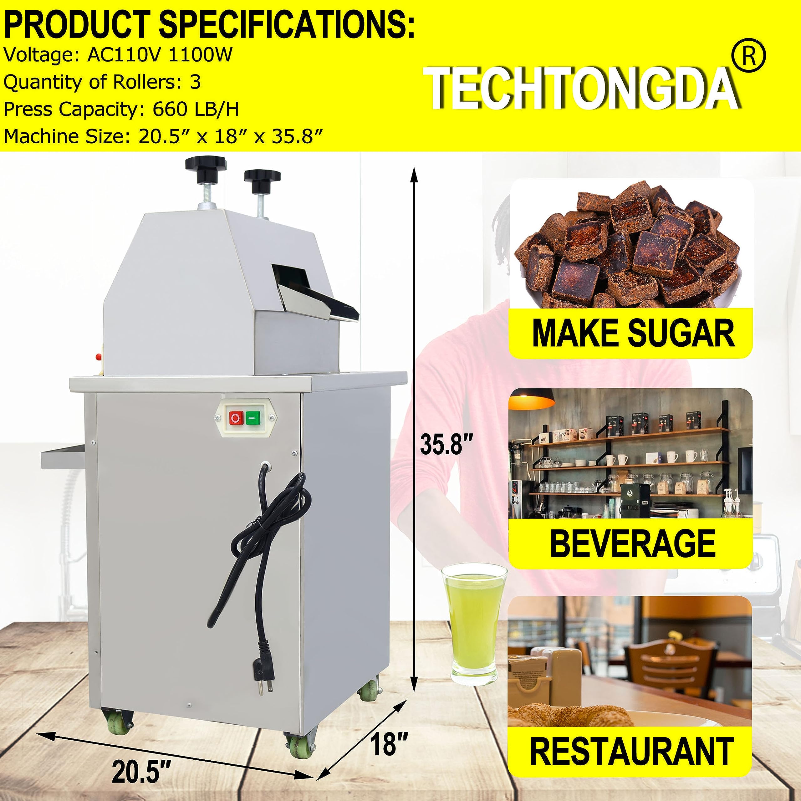 Commercial & Home Use 110V Electric Sugar Cane Juice Press Machine - 1100W 3-Roller Extractor with 4 Casters | Perfect for Juice Bars, Restaurants & Healthy Home Drinks