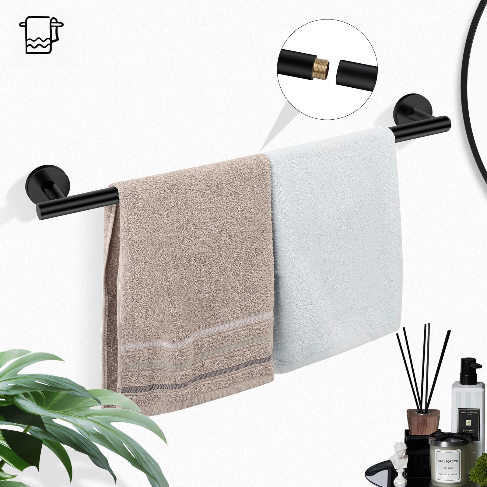 Premium Matte Black Bathroom Hardware Set - 5-Piece Stainless Steel Towel Bar (24 Inch), Toilet Paper Holder & Towel Ring Set - Modern Black Bathroom Accessories Kit for Home, Hotel & Spa Decor