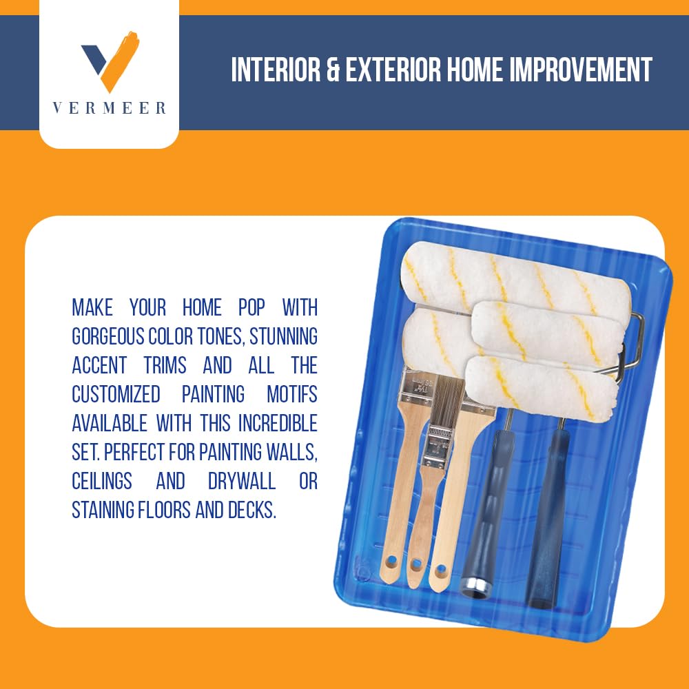 Vermeer Paint Roller Kit - 10-Piece All-in-One Painting Set with Plastic Tray, Rollers & Brushes for All Paints & Stains - Perfect for Home DIY Projects, Wall Painting & Furniture Refinishing
