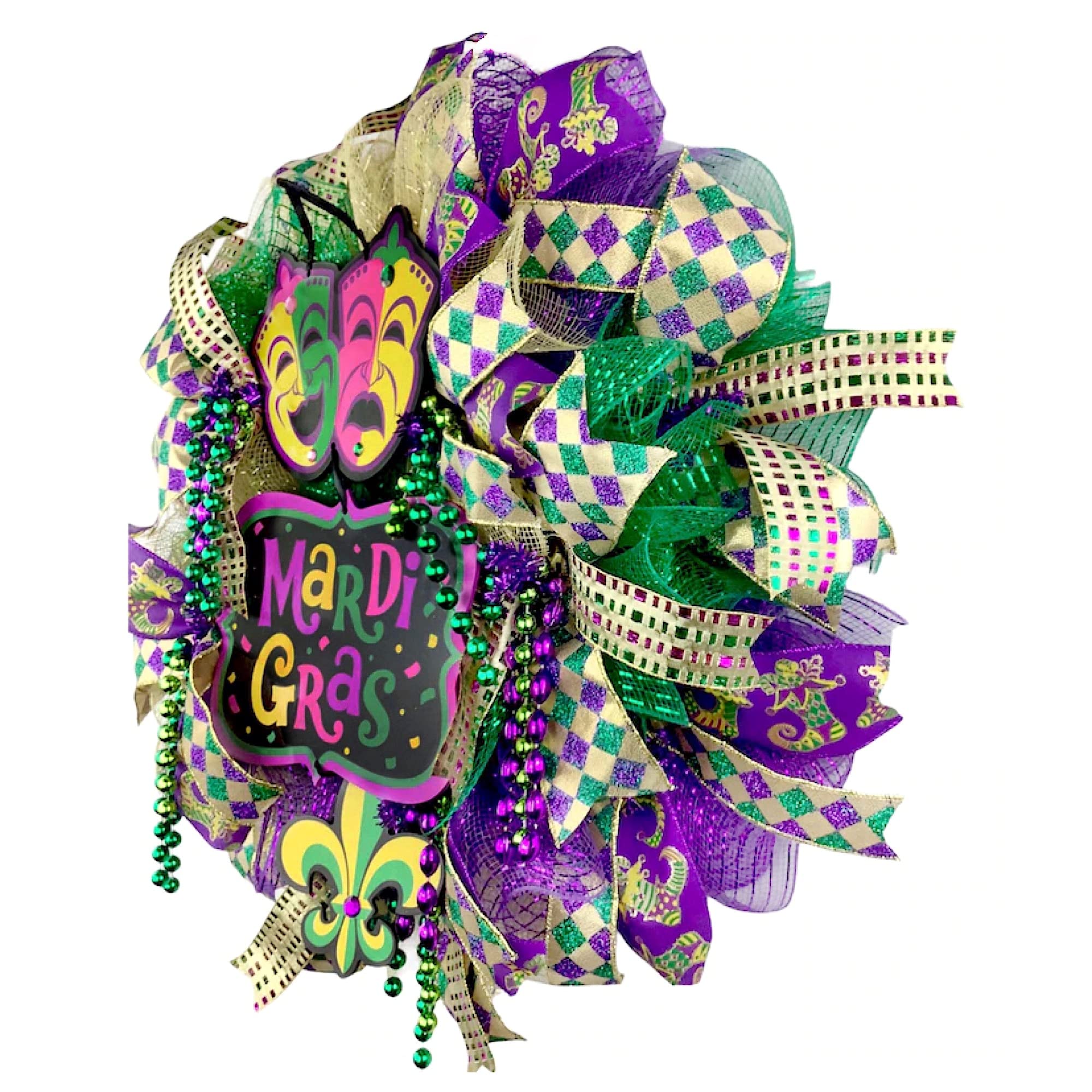 Handmade Comedy Tragedy Wreath with Beads - Mardi Gras Fat Tuesday Wreath Decor for Door, Wall & Party | Unique Carnival Decorations by Paradise Wreath Boutique
