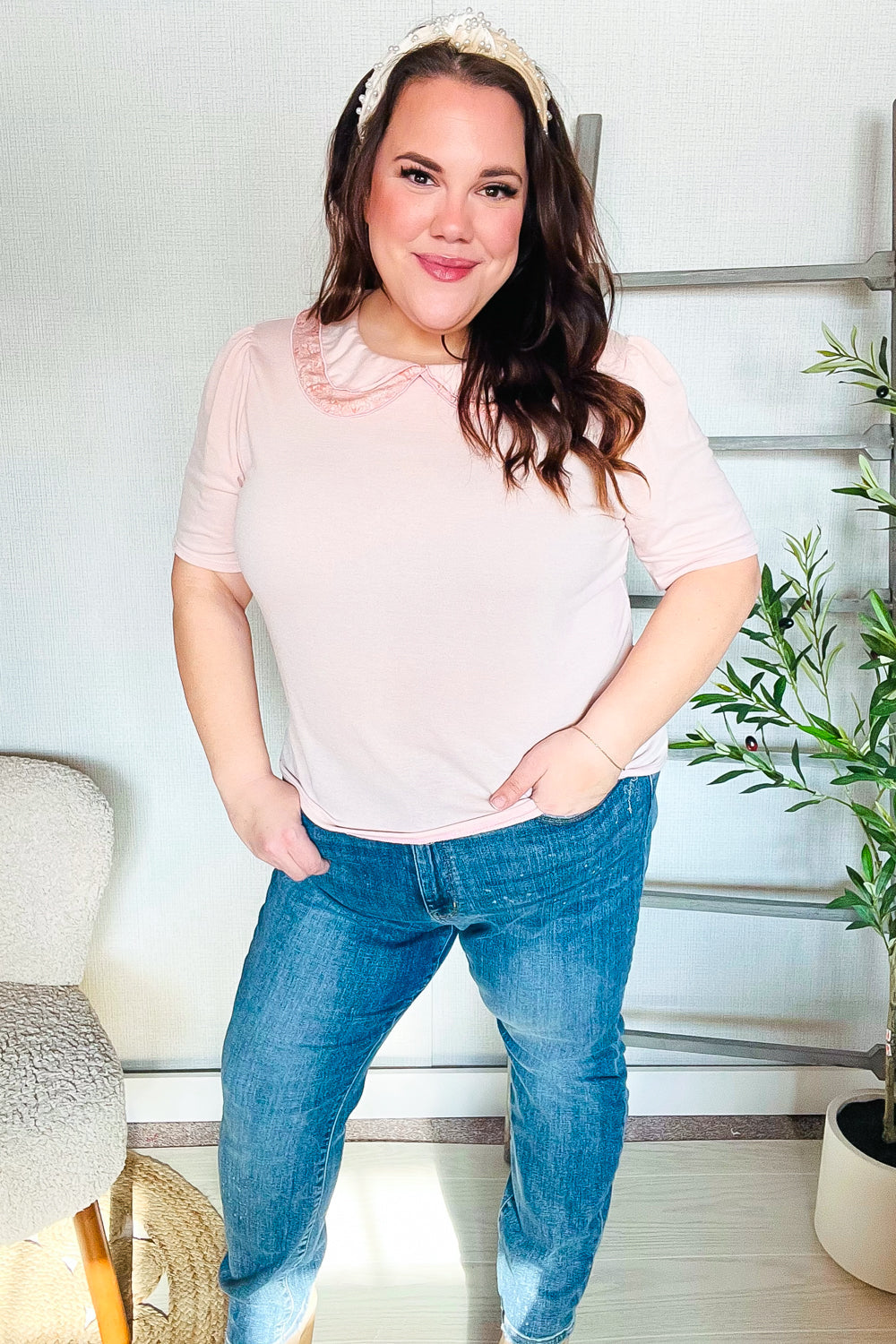 New Day Blush Flat Collar Floral French Terry Blouse - Women's Elegant Casual Top for Work & Weekend Outings