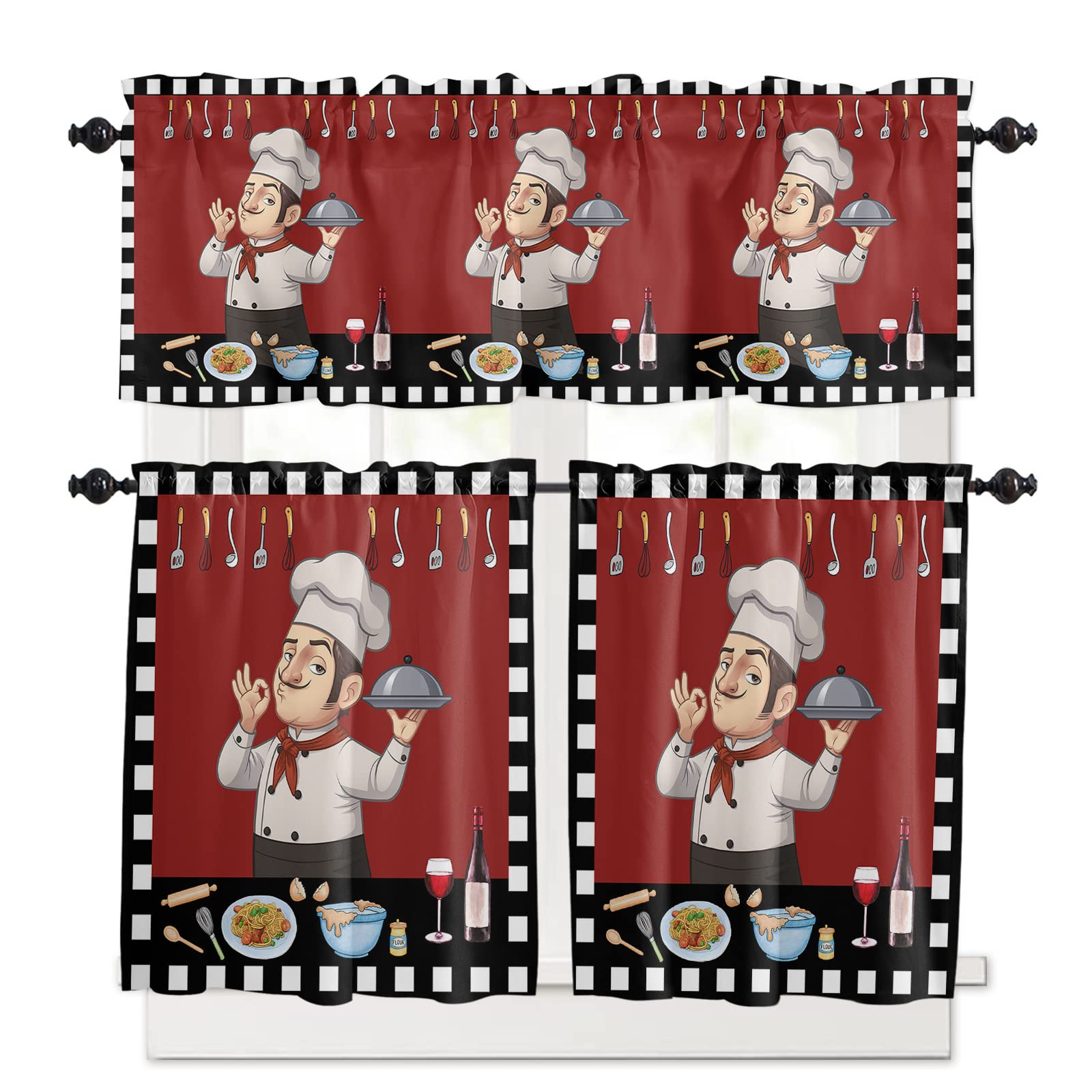 3-Piece Kitchen Curtain Set with Rod Pocket - Funny Chef & Kitchenware Design, Red Small Window Valance with Black & White Check Border - Perfect for Farmhouse, Cafe, or Home Kitchen Decor
