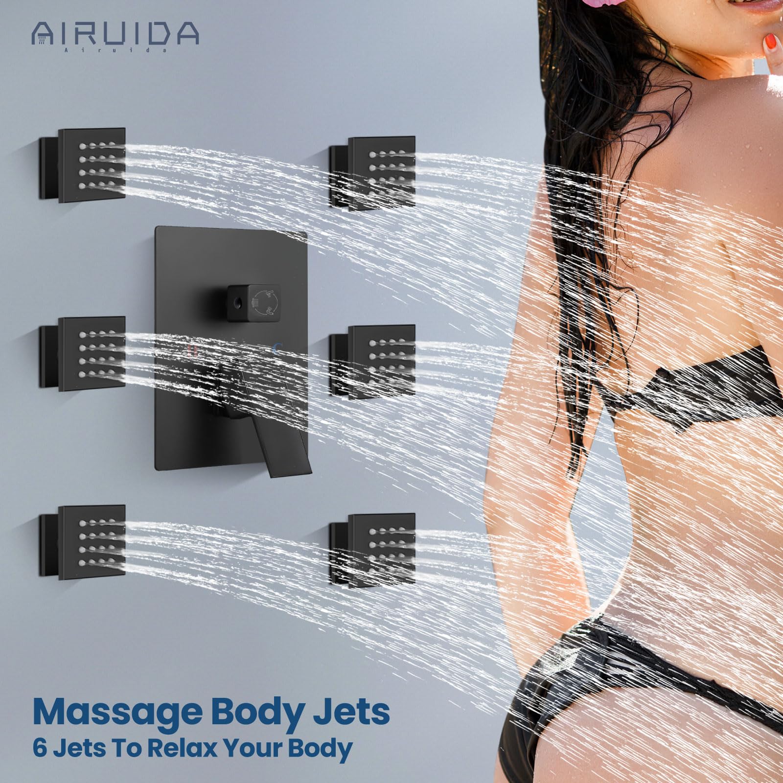 Airuida Matte Black Ceiling Mount Shower System Set - 12 Inch SUS304 Rainfall Shower Head with 6 Body Spray Jets, Brass Handheld Rain Mixer for Full Body Shower Experience | Perfect for Modern Bathroom Renovation & Spa-Like Relaxation