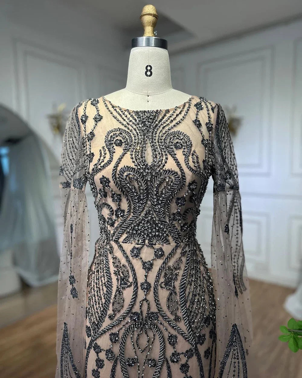 Elegant Brown Arabic Mermaid Evening Dress with Cape Sleeves - 2025 Luxury Beaded Gown for Women - Perfect for Prom, Wedding Guest & Formal Parties