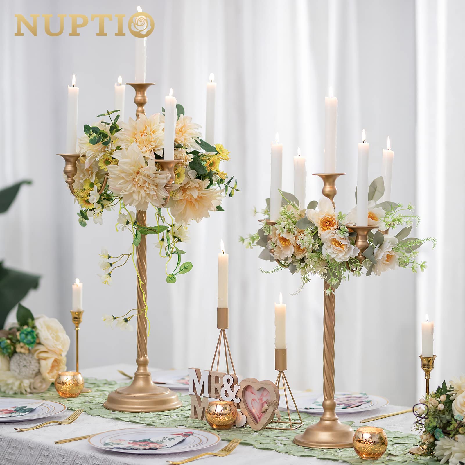 Gold 5-Arm Tall Candle Holder Set of 2 - 21 Inch Metal Candelabra for Weddings, Fireplace, Halloween & Church Decor - Elegant Table Centerpiece for Home & Special Occasions
