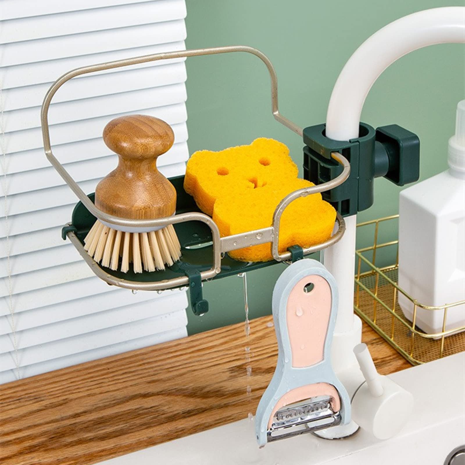 Stainless Steel Sponge Holder with Hook - Bathroom & Kitchen Organizer for Soap, Shampoo, Sponge & Scrubber - Drain Rack & Sink Storage Caddy - Perfect for Small Space Organization (Green) - Ideal for Kitchen Sink, Bathroom Counter & Under Cabinet Storage