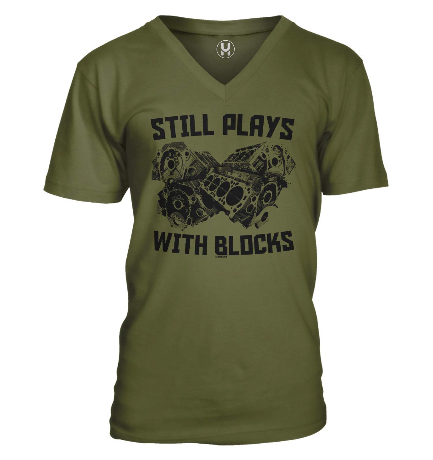 Still Plays with Blocks - Engine Horse Power Unisex V-Neck T-Shirt | Funny Car Mechanic Gift for Men & Women | Casual Wear for Car Enthusiasts & DIY Auto Shops