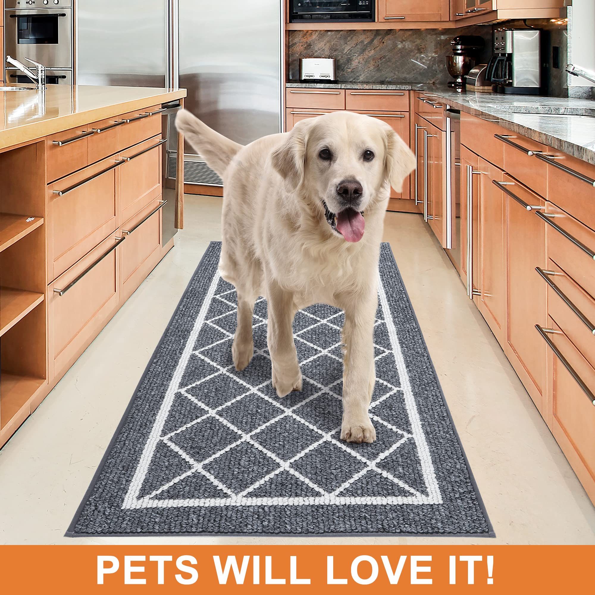 BEQHAUSE Non-Slip Kitchen Rugs Set of 2 - Machine Washable Floor Mats with TPR Backing, 24x35inch & 24x60inch, Grey Runner Carpet for Kitchen Safety - Perfect for High Traffic Areas, Under Sink & Countertops