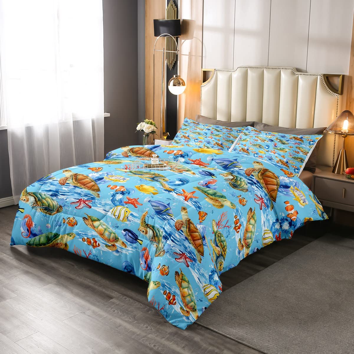 Sea Turtle Comforter Set Queen Size - Blue Ocean Bedding for Boys, Kids & Adults - Lightweight, Warm & Soft Comforter with 2 Pillowcases - Underwater World Marine Life Theme Bedroom Decor - Perfect for Coastal, Nautical or Ocean-Themed Rooms