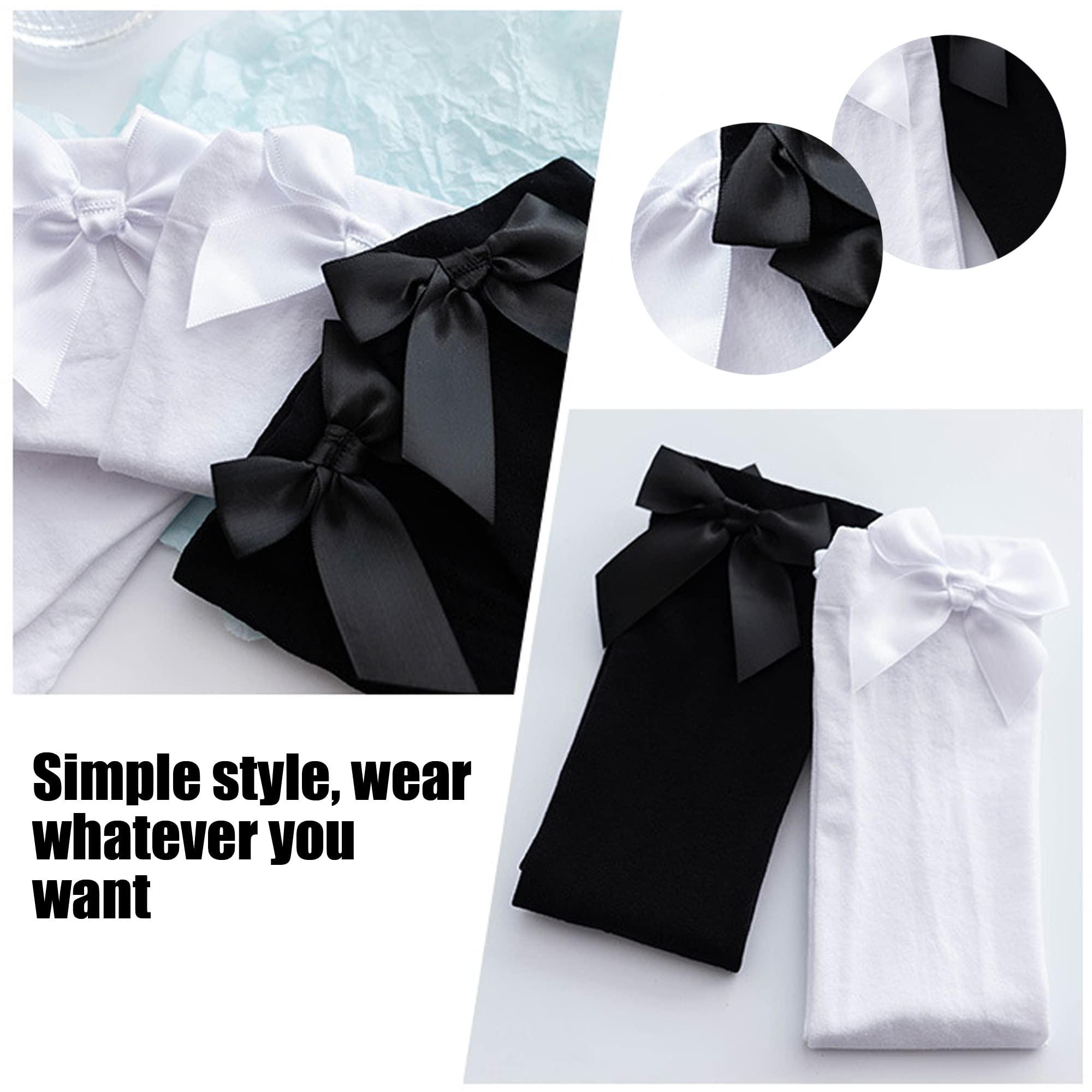 2 Pairs Women's Knee High Socks - Black & White Thigh High Stockings with Frilly Ribbon Bows | Over The Knee Long Socks for Casual Wear, Office, Cosplay & Winter Outfits