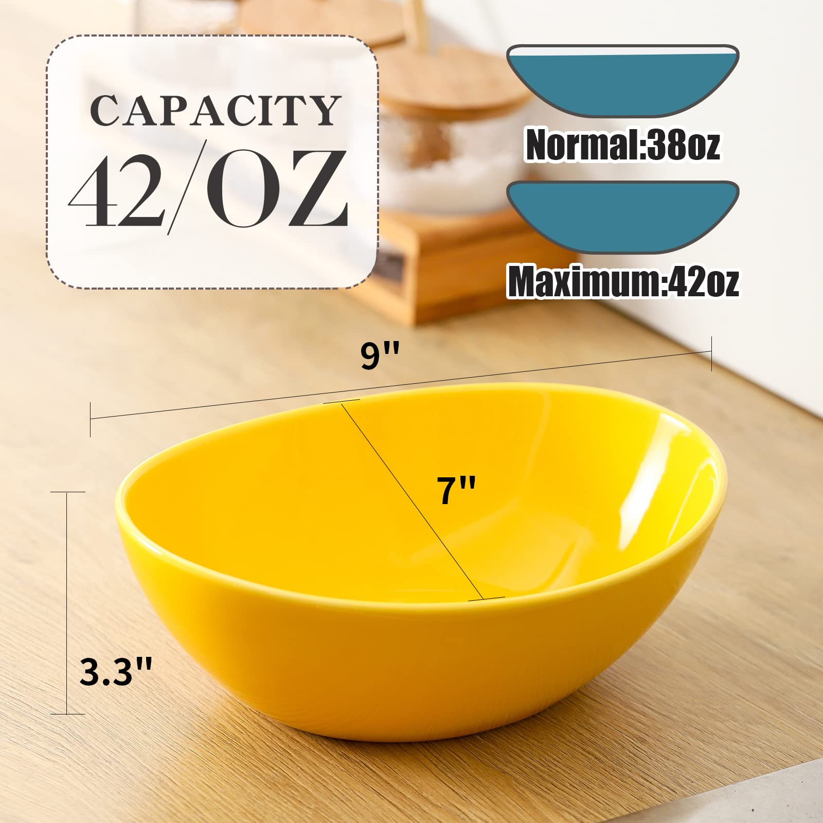 Hasense 42oz Ceramic Serving Bowls Set of 4 - Large Oval Pasta & Salad Mixing Bowls for Soup, Popcorn, Side Dishes - Durable Entertaining Dishes for Parties, Family Dinners & Kitchen Use (Yellow)