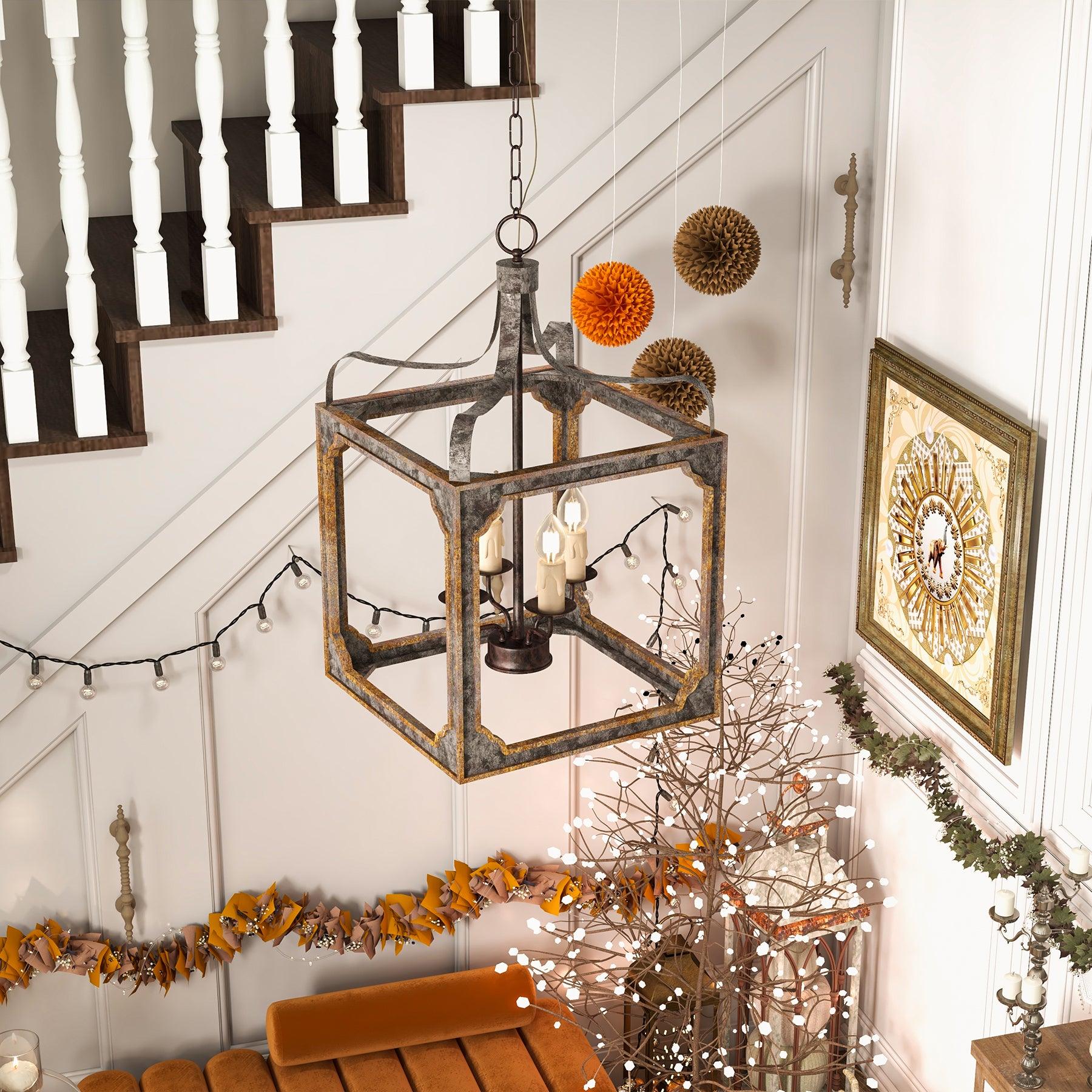 Boho Rustic Cube Chandelier - Modern Farmhouse Pendant Light with Wooden Beads & Metal Frame for Dining Room, Bedroom or Living Room Decor