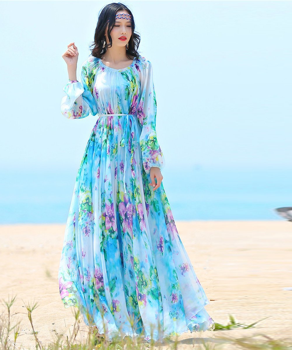 MedeShe Women's Floral Print Chiffon Maxi Dress - Elegant Beach Wedding Bridesmaid Sundress for Summer Vacation & Party Wear