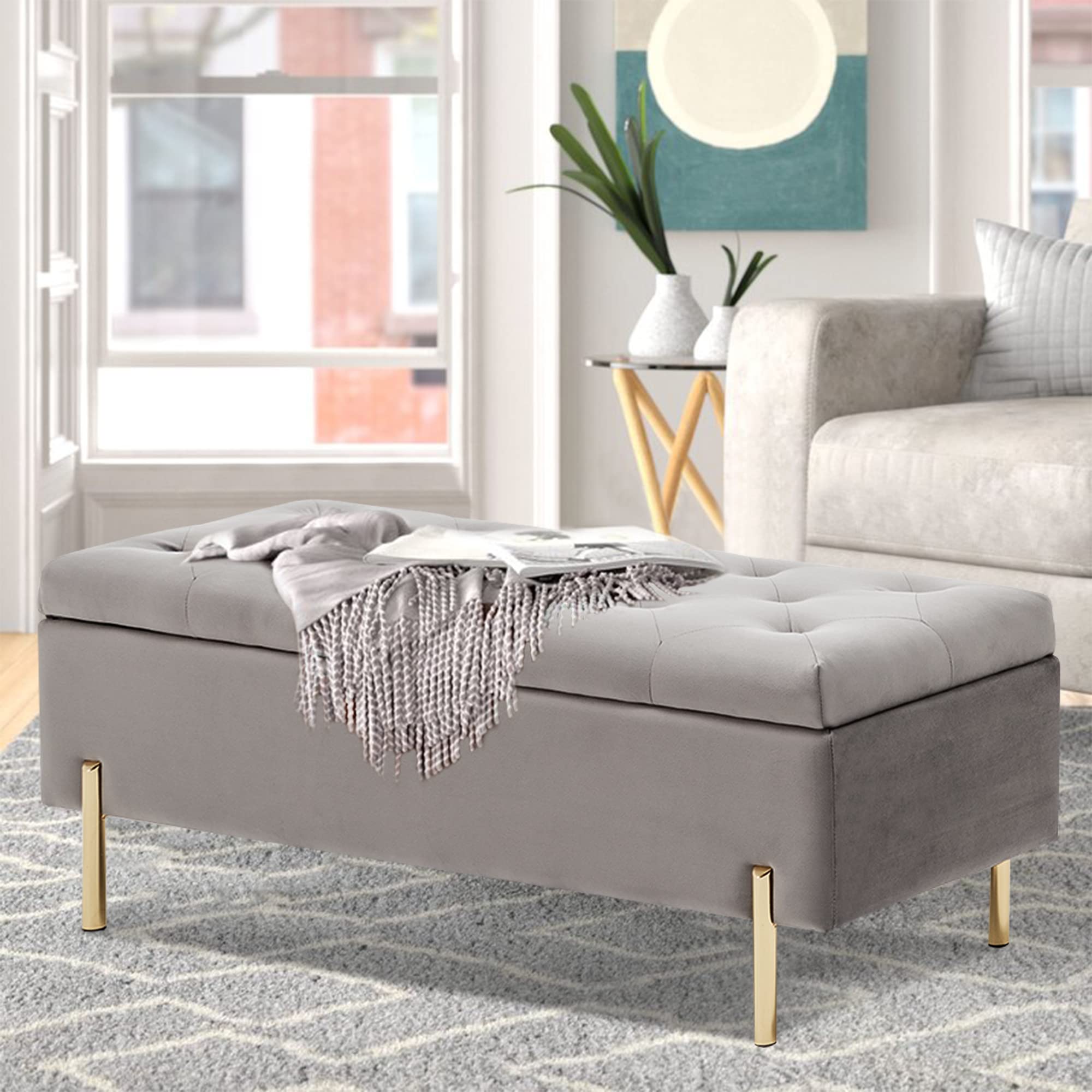 Velvet Upholstered Tufted Storage Bench with Gold Legs - Gray Rectangular Ottoman for Bedroom, Living Room & Entryway - Perfect for Extra Seating, Shoe Storage & Home Decor