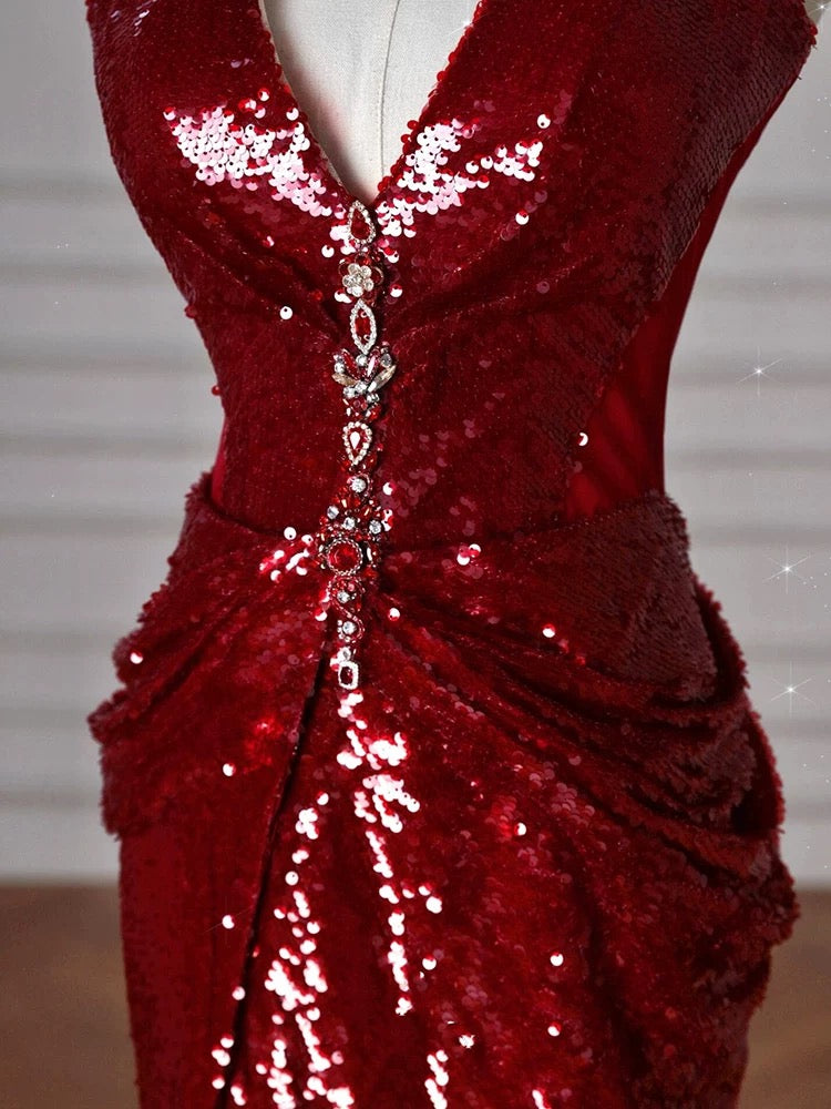 Elegant Red Sequin Mermaid Prom Dress for Women - Long Evening Party Gown J5092 | Perfect for Homecoming, Prom Night, and Formal Events
