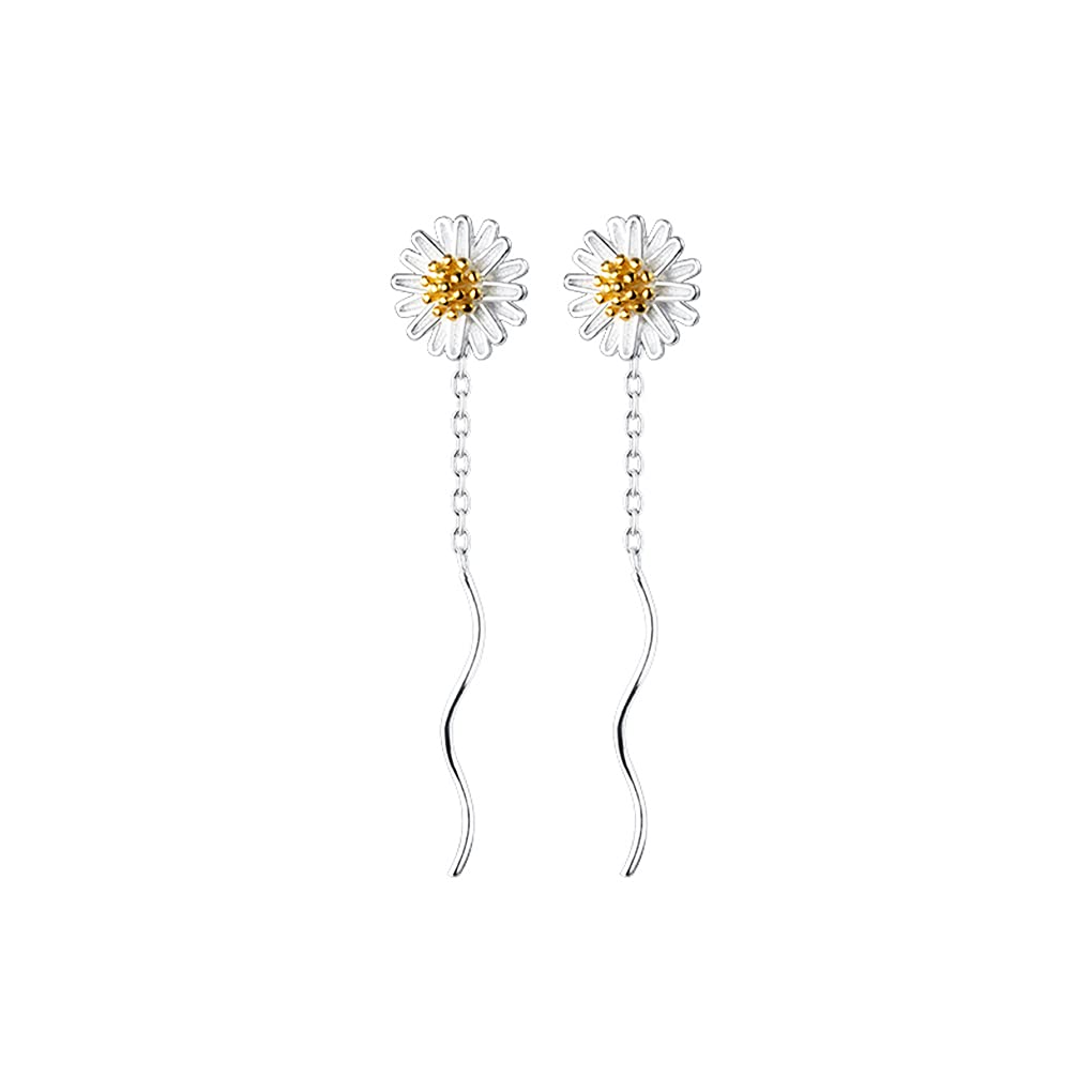 SLUYNZ 925 Sterling Silver Daisy Flower Drop Earrings for Women - Helix Threader Chain Wave Earrings - Elegant Mother's Day Gift for Her - Perfect for Weddings, Parties & Everyday Wear
