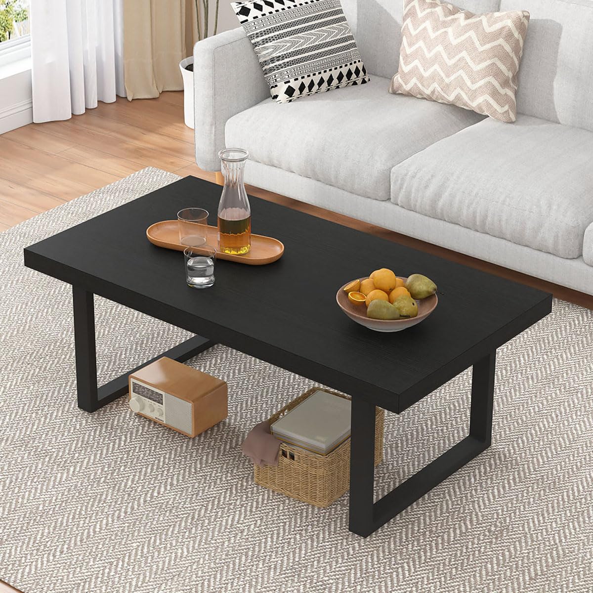 IBF Black Coffee Table - Minimalist Industrial Wooden Center Table for Living Room, Modern Rectangle Farmhouse Cocktail Table with Metal Frame, Home Office Bedroom Furniture, Black Oak Finish, 39 Inch - Perfect for Small Spaces, Apartments & Cozy Gatherings