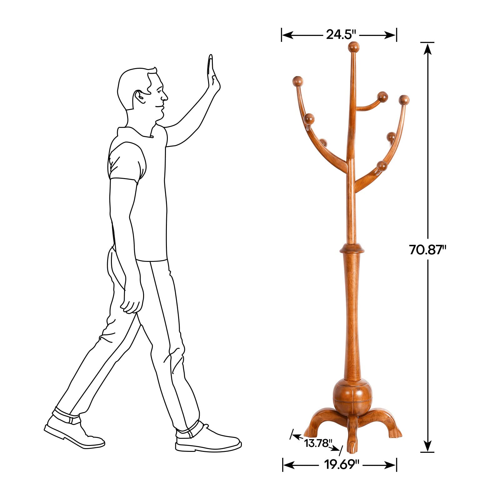 Freestanding Wood Coat Rack with 8 Hooks - Creative Tree Branch Design - Heavy Duty Clothes Hanger Stand with Stable Sphere Base (160lbs Capacity, Light Brown) - Perfect for Entryway, Hallway, Bedroom & Living Room Organization