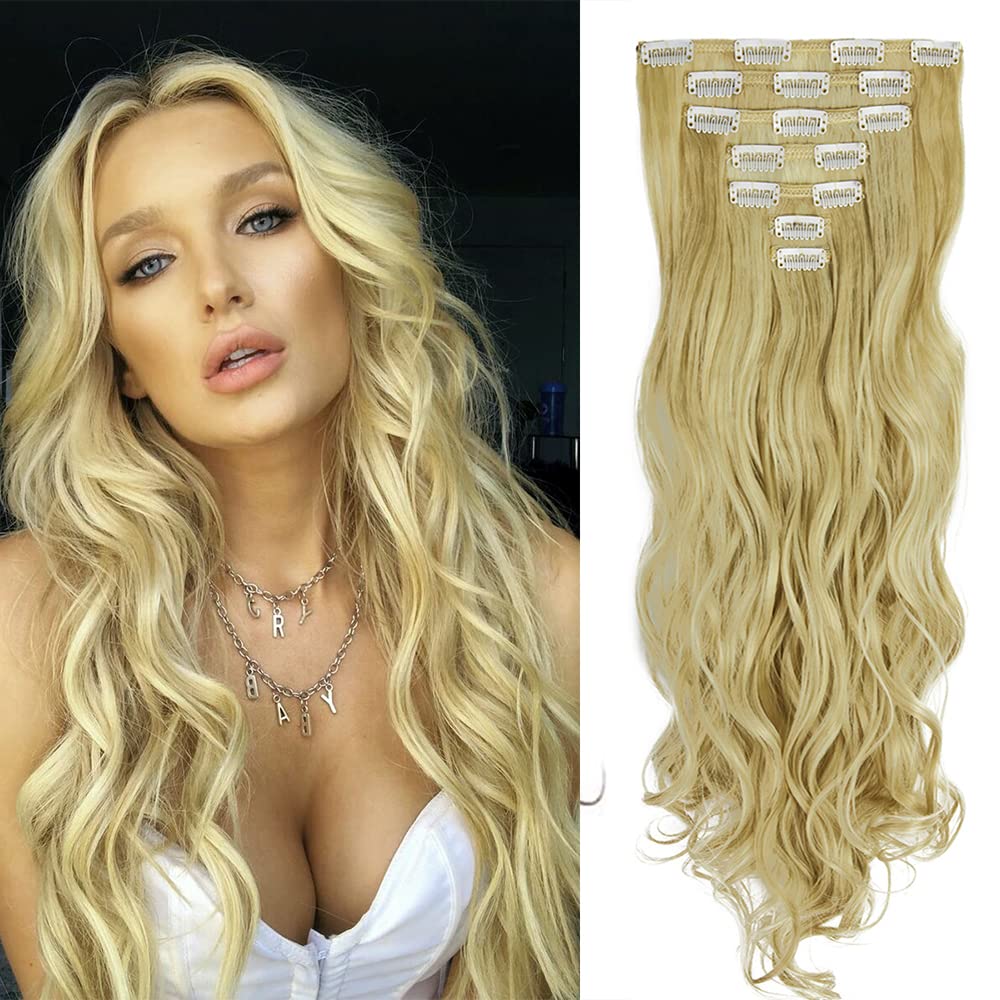 24 Inch Wavy Curly Clip-in Hair Extensions - 7pcs Double Weft Synthetic Hair with 16 Clips | Dark Brown to Bleach Blonde Ombre (160g/set) | Perfect for Parties, Weddings & Daily Styling