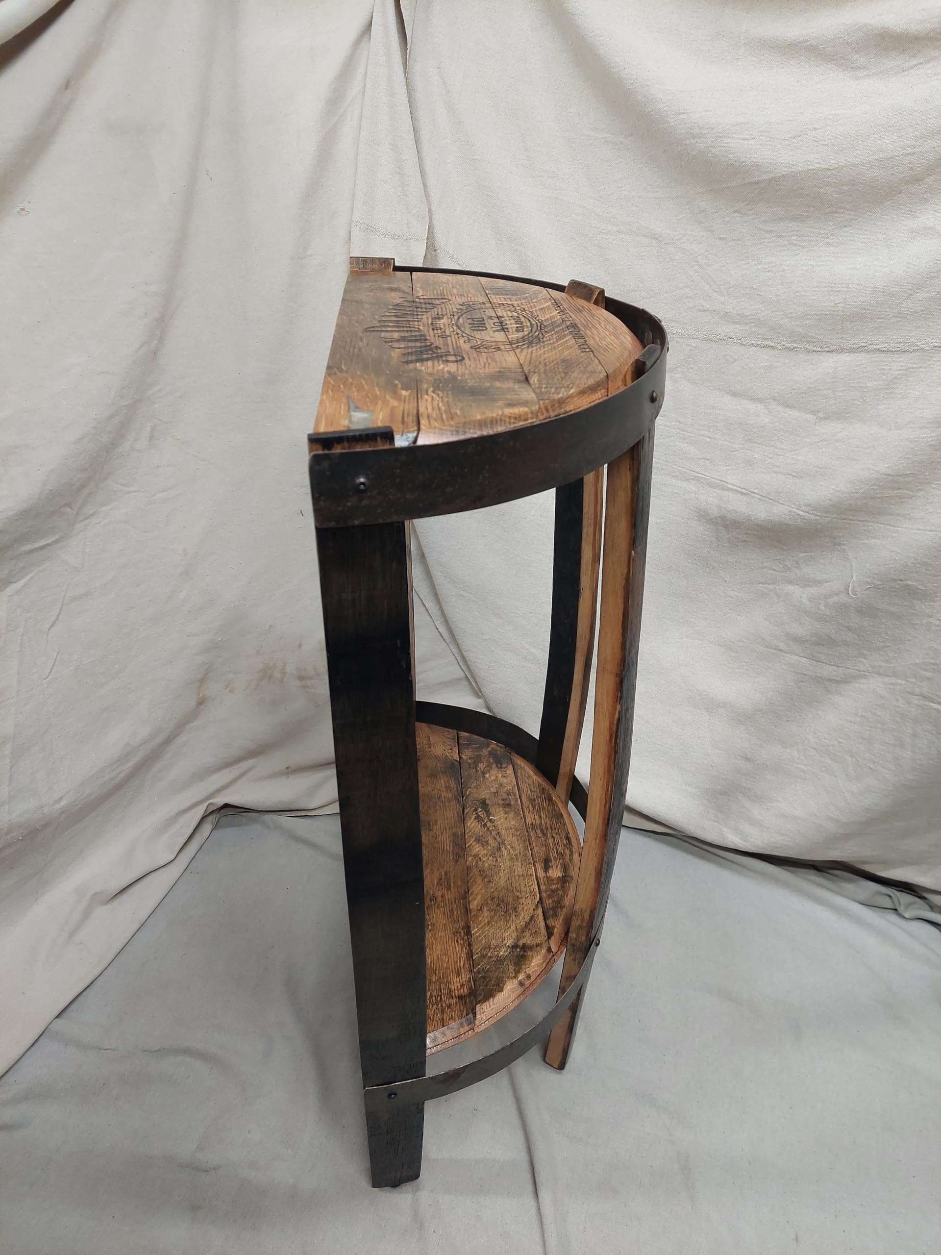 Half Round Bourbon Barrel Side Table with Distillery Stamp - Large 34 Inch Rustic Wood End Table for Living Room, Bar, or Man Cave Decor