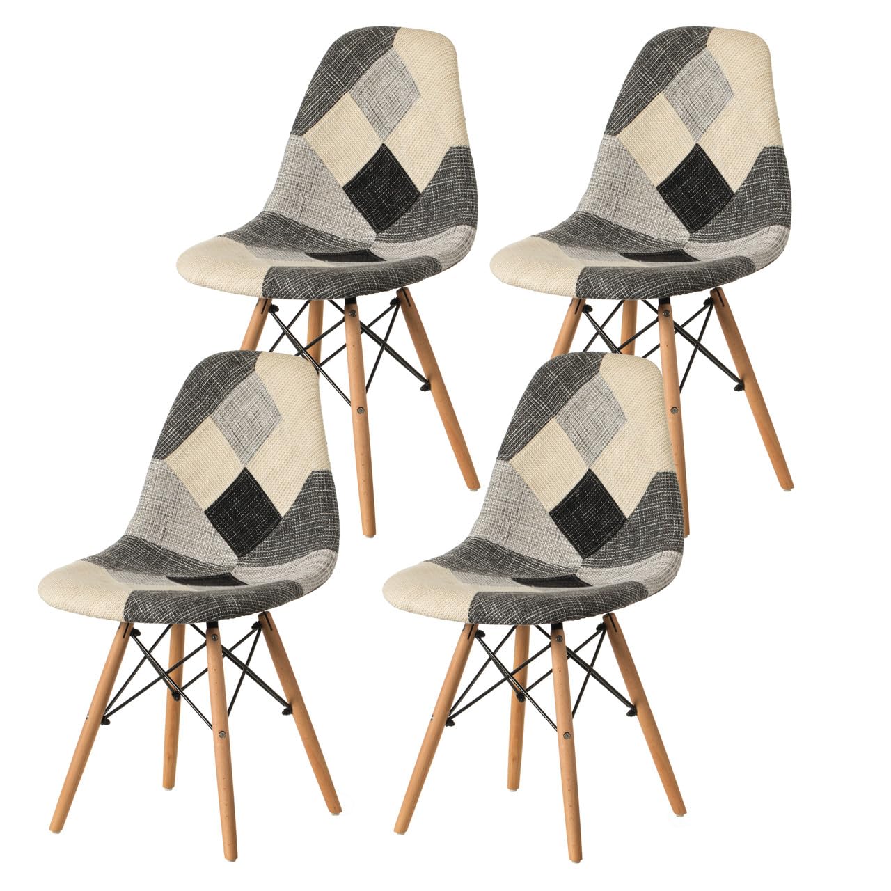 Modern Black and White Patchwork Fabric Dining Chairs with Sturdy Wooden Legs - Set of 4 for Kitchen, Dining Room, Entryway & Living Room - Perfect for Family Gatherings, Dinner Parties and Home Decor