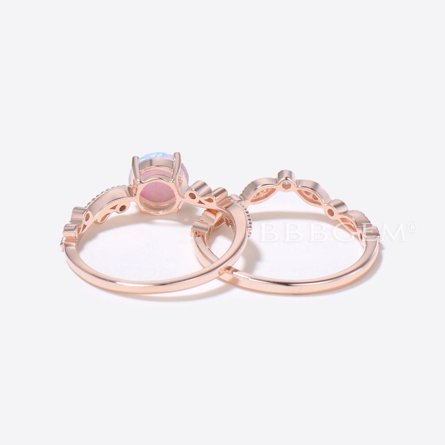 Vintage Floral Opal Solitaire Diamond Engagement Ring & Wedding Band Set in Rose Gold – Perfect for Bridal, Anniversary, and Romantic Occasions