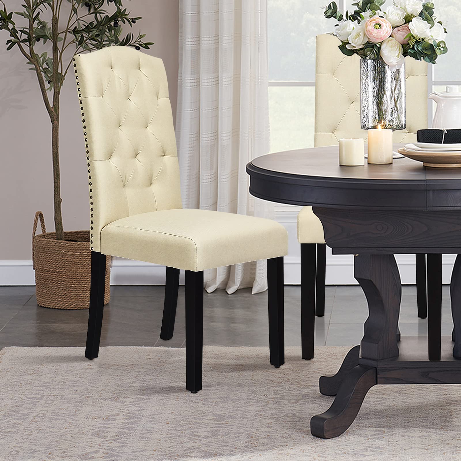 4-Piece Fabric Dining Chair Set - Upholstered Accent Chairs with Solid Wood Legs & Tall Back, Tufted Parsons Style for Kitchen, Dining Room, Office - Comfortable Beige Seating for Home & Restaurant Use