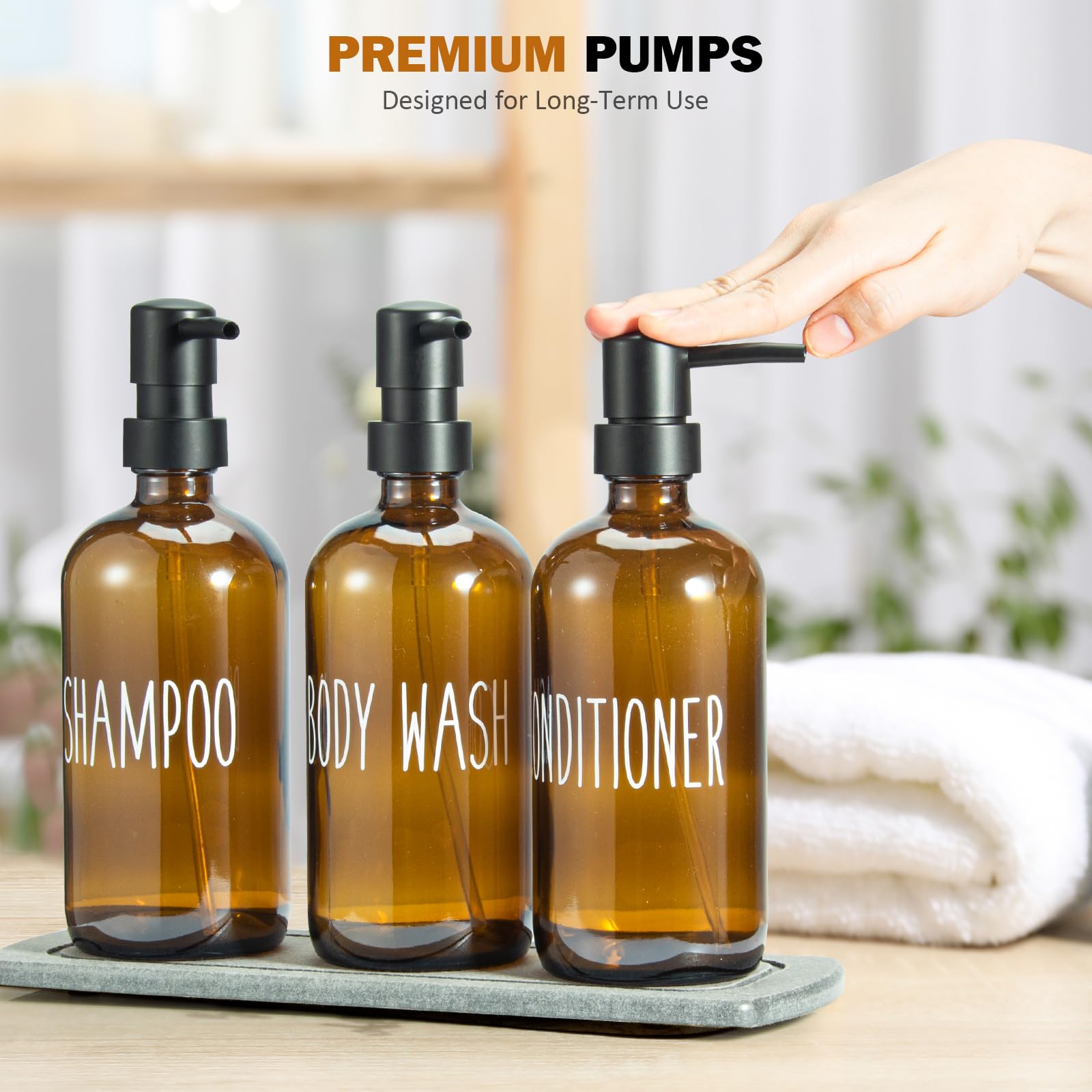 Premium Glass Shampoo & Conditioner Dispenser Set with Diatomite Tray - Refillable Pump Bottles for Body Wash & Liquid Soap | Elegant Bathroom Countertop Organizer for Shower, Spa & Home Decor