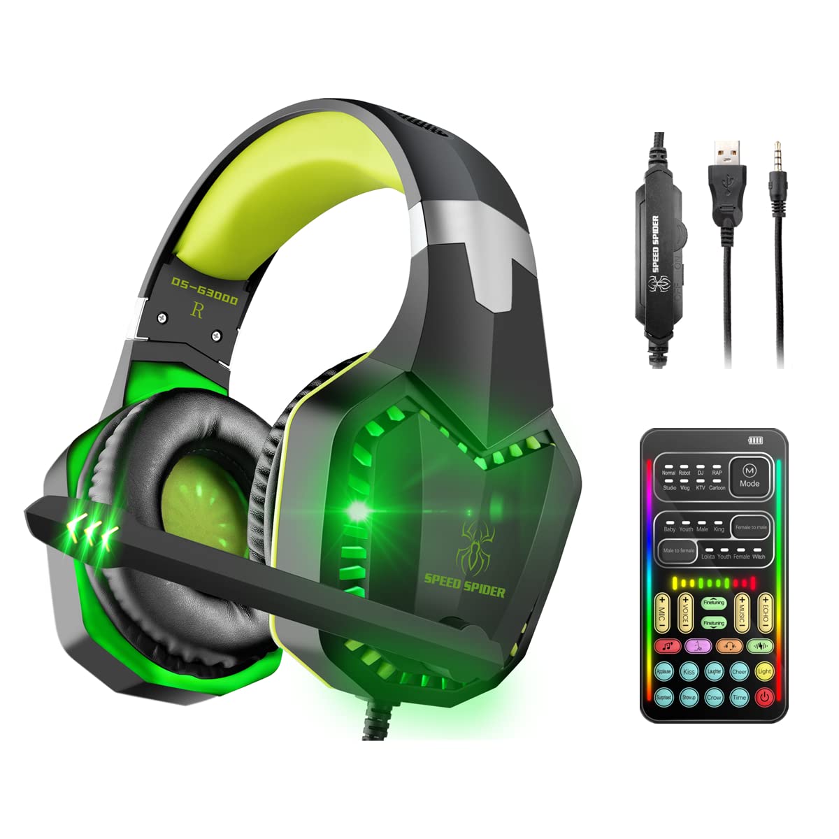 SKTOME Gaming Headset with Microphone - LED Light Over-Ear Headphones with Volume Control & Noise Reduction, Voice Changer for PS4/PS5/Xbox One/PC/Smartphone/Laptop - Perfect for Online Gaming & Streaming (Green)