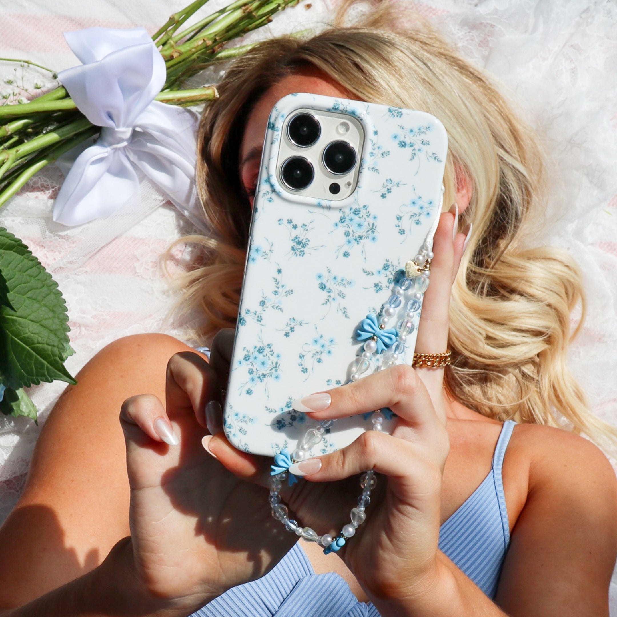 French Blue Floral iPhone Case - Elegant Flower Design Protective Cover for iPhone 13/14/15 - Perfect for Women, Girls & Fashion Lovers - Ideal for Daily Use, Travel & Gifts