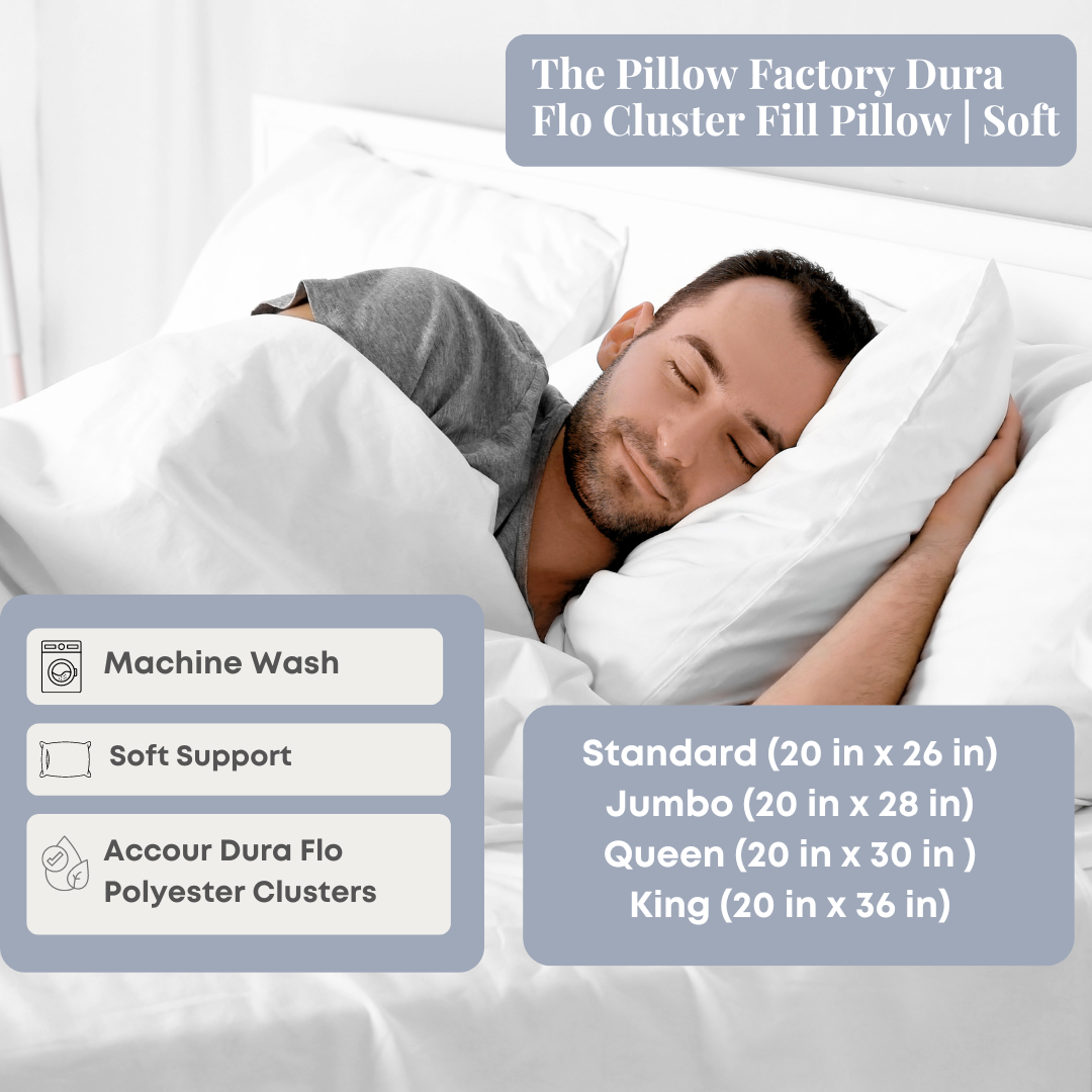 The Pillow Factory Dura Flo Cluster Fill Pillow - Ultra Soft Support for Side, Back & Stomach Sleepers | Perfect for Bed, Sofa & Travel Use