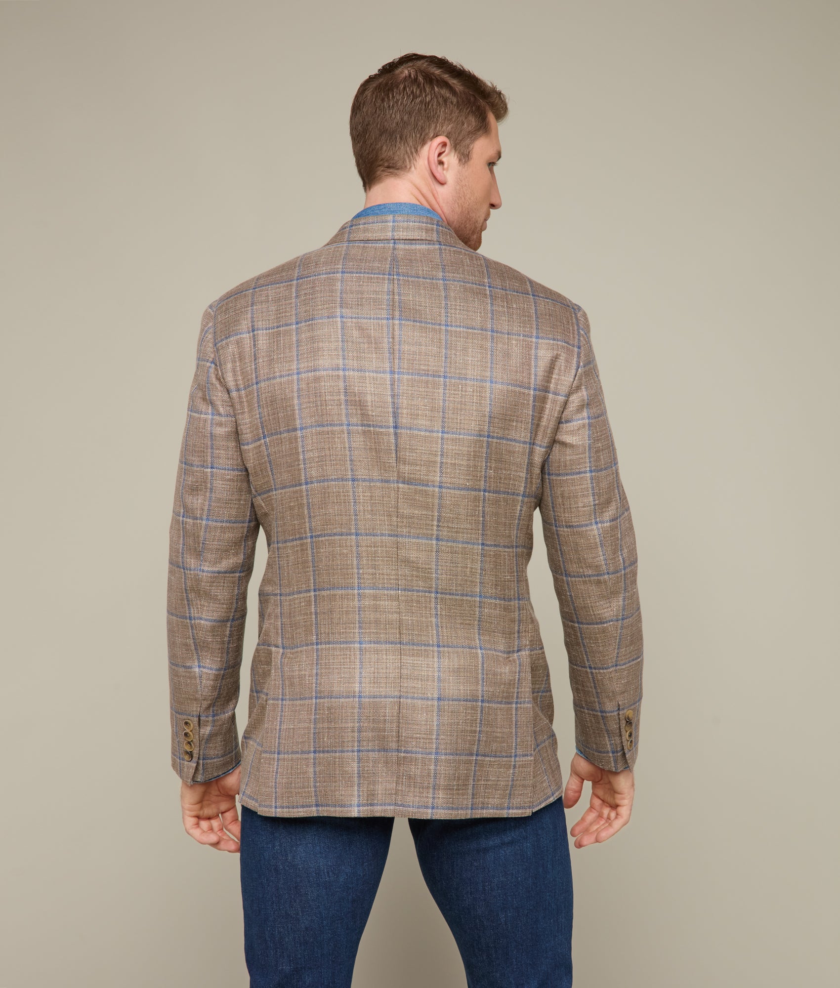 Lucchese Men's Dark Beige & Blue Windowpane Plaid Sport Coat - Premium Wool Blazer for Business, Office & Formal Occasions