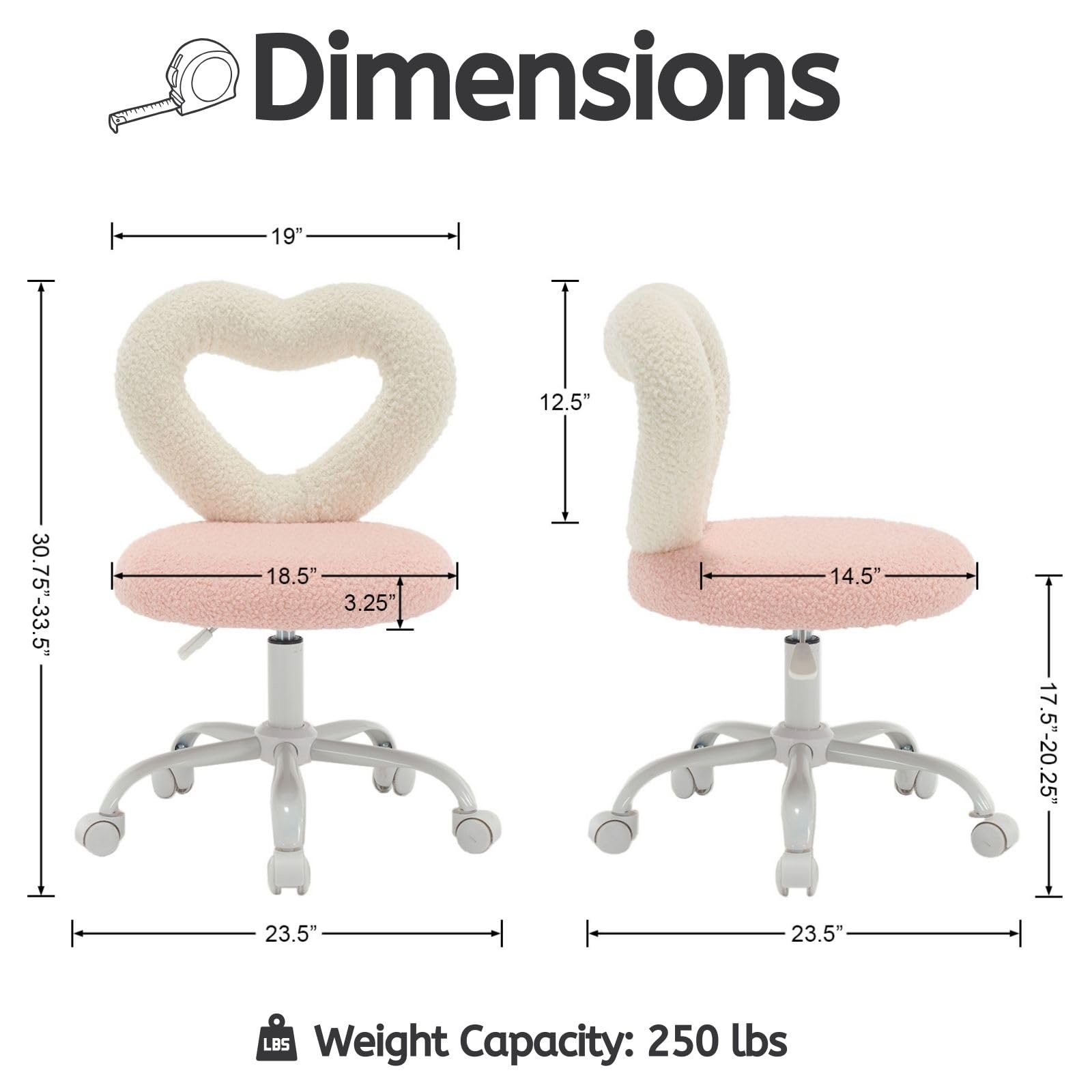 LukeAlon Adjustable Kids Desk Chair with Rolling Wheels - Sherpa Heart Back Swivel Chair for Boys & Girls, Pink & White | Ergonomic Study Chair for Teens, Children's Computer Chair for Home & Classroom Use