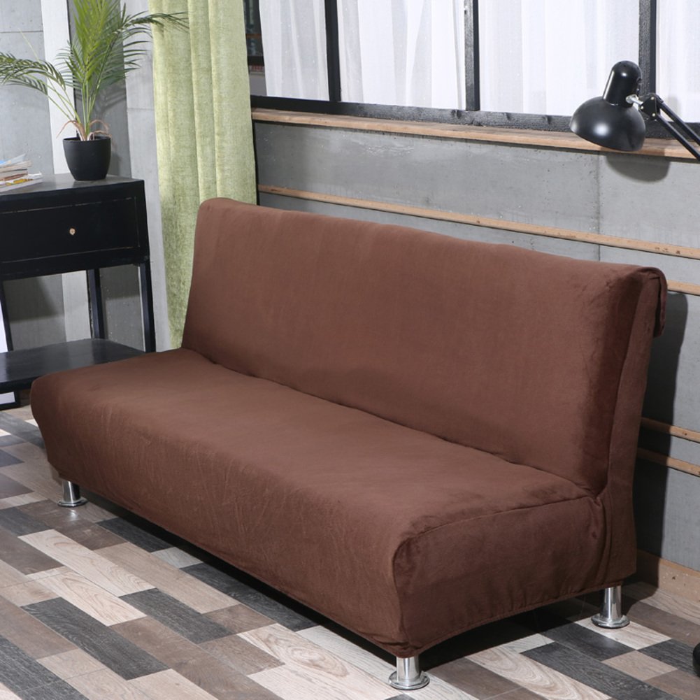 Lovehouse Thick Plush Armless Sofa Bed Cover - Stretchable, Stain-Resistant Slipcover Protector for Folding Beds (63-75in, Coffee) - Perfect for Living Rooms, Dorms & Guest Rooms