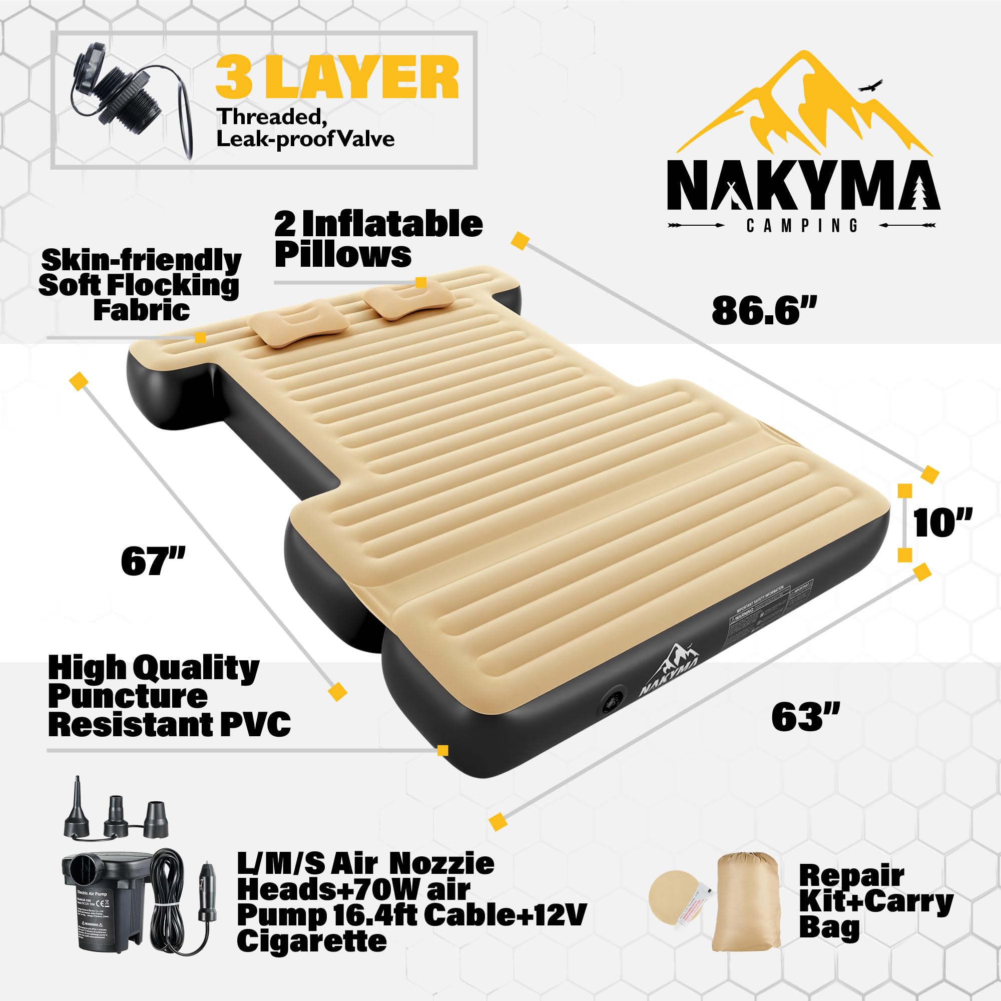Upgraded Truck Bed Air Mattress for 5.5-5.8Ft Pickup Trucks - Full Size Inflatable Mattress with Extension Air Pump & 2 Pillows - Portable Carry Bag for Camping, Road Trips & Outdoor Adventures