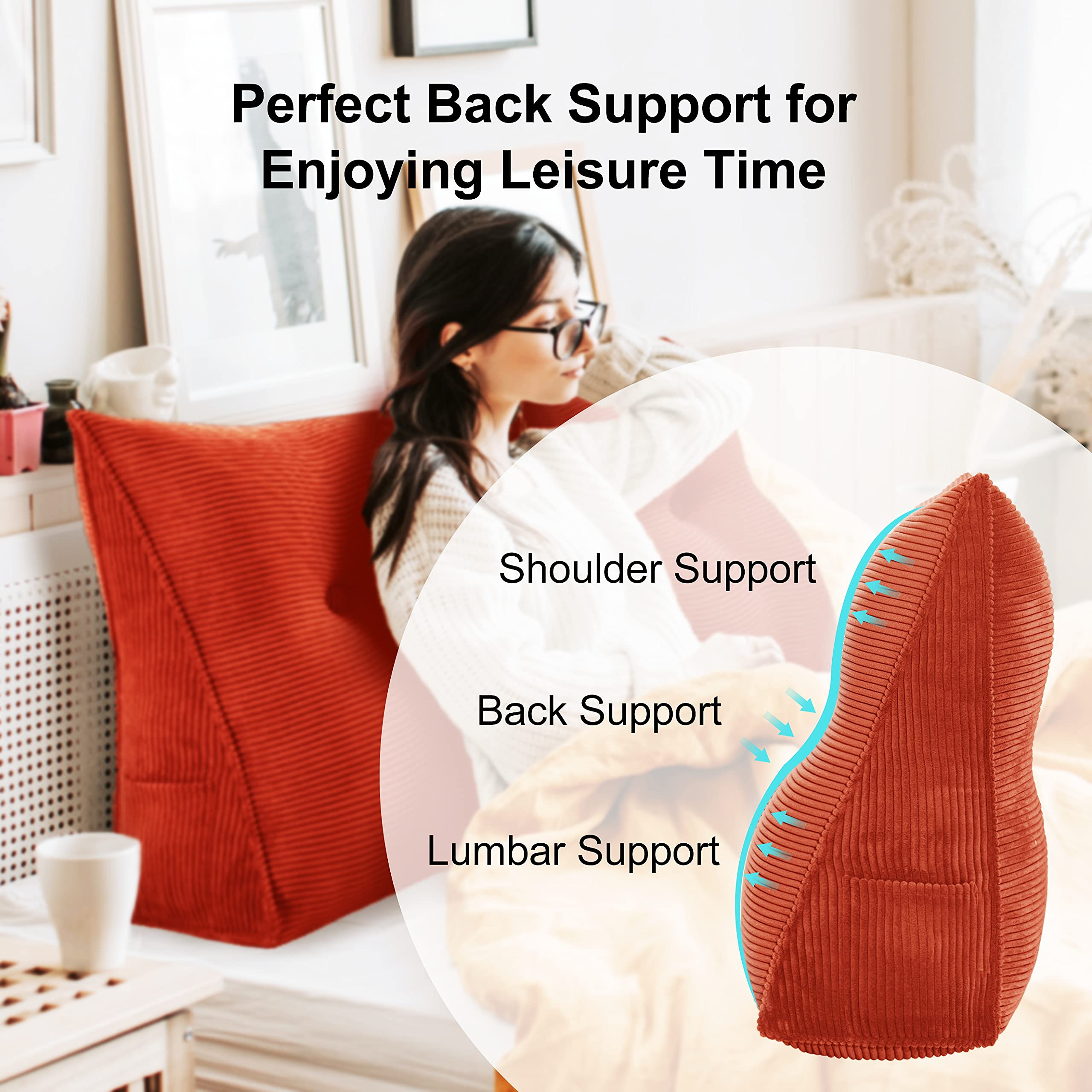 WOWMAX Wedge Body Pillow - Reading & Bedrest Support with Removable Corduroy Cover, Rust Orange (59x8x20 Inches) - Perfect for Daybeds, Back Support, and Lumbar Comfort