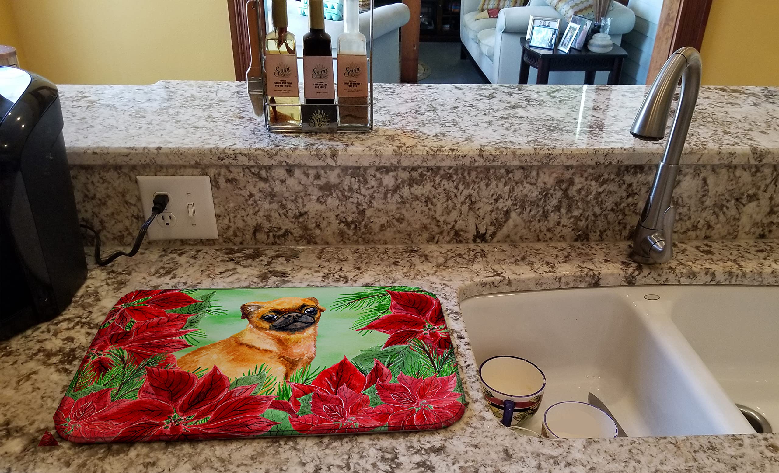 Brabant Griffon Poinsettas Dish Drying Mat - Absorbent Kitchen Counter Mat (14x21