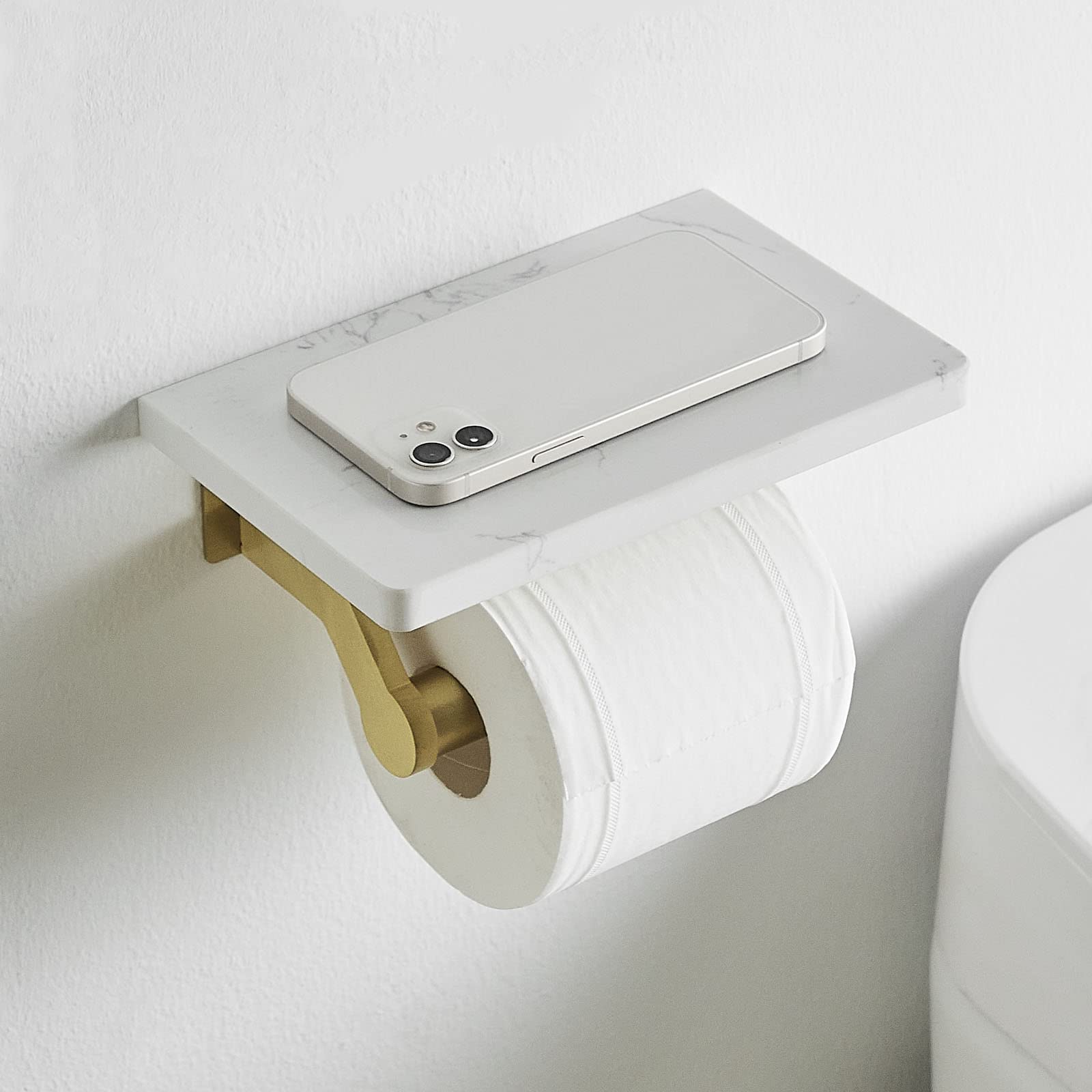 Brushed Gold Stainless Steel Toilet Paper Holder with White Natural Marble Shelf - Wall Mounted Bathroom Tissue Roll Holder for Kitchen, Washroom & Bedroom - Elegant Storage Solution for Home and Office Spaces