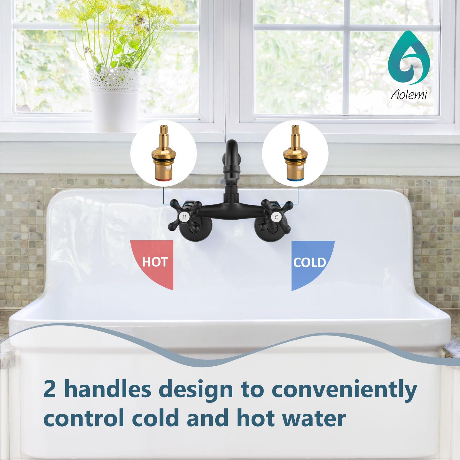 Aolemi Matte Black Wall Mount Kitchen Faucet with 2 Cross Handles & 6