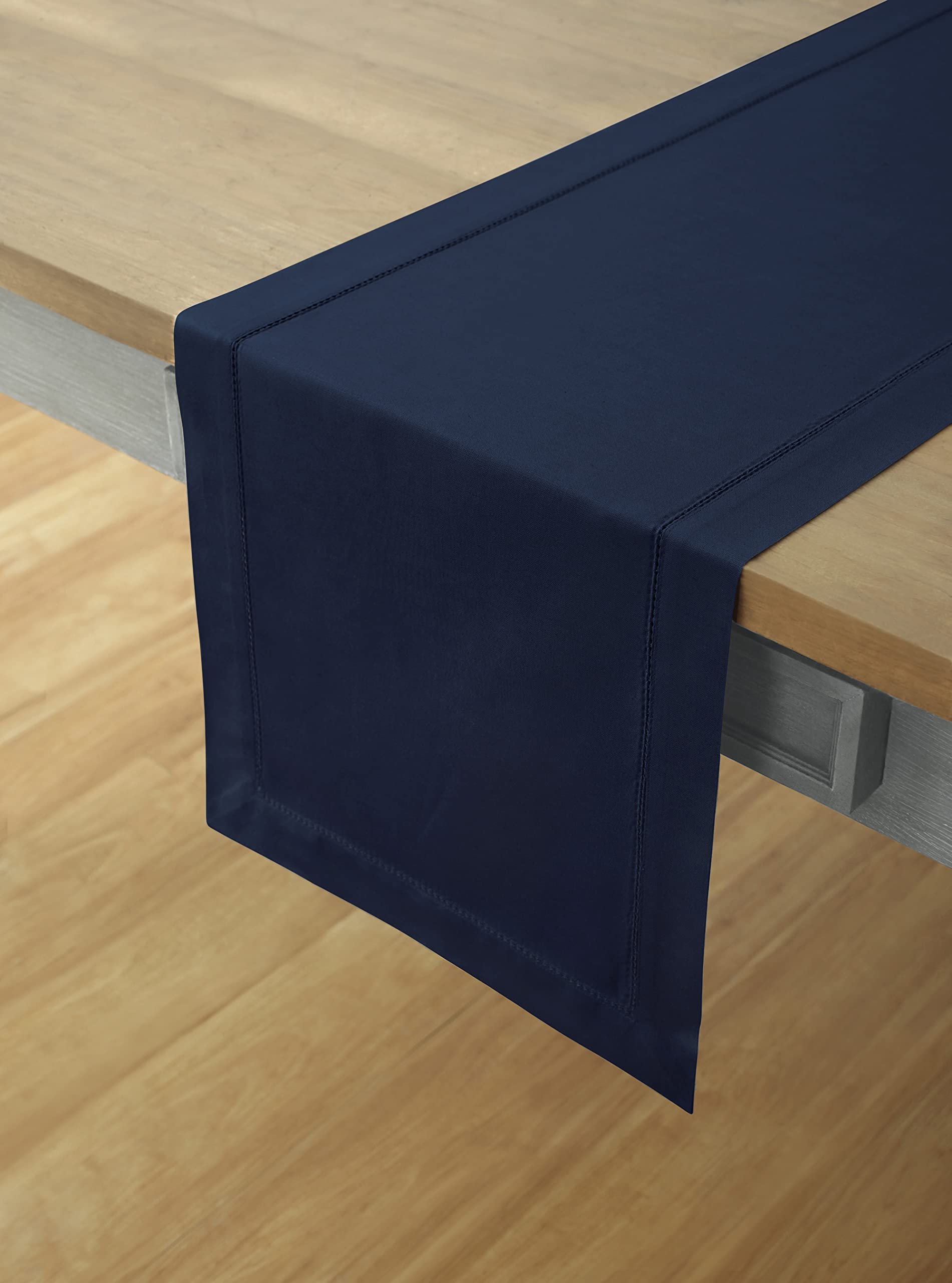 Solino Home Navy Blue Cotton Linen Table Runner 14 x 108 Inches - Elegant Hemstitch Dining Table Decor for Weddings, Parties, Spring & Easter - Perfect for Holiday Tablescapes, Buffet Servers & Formal Dining Room Decorations