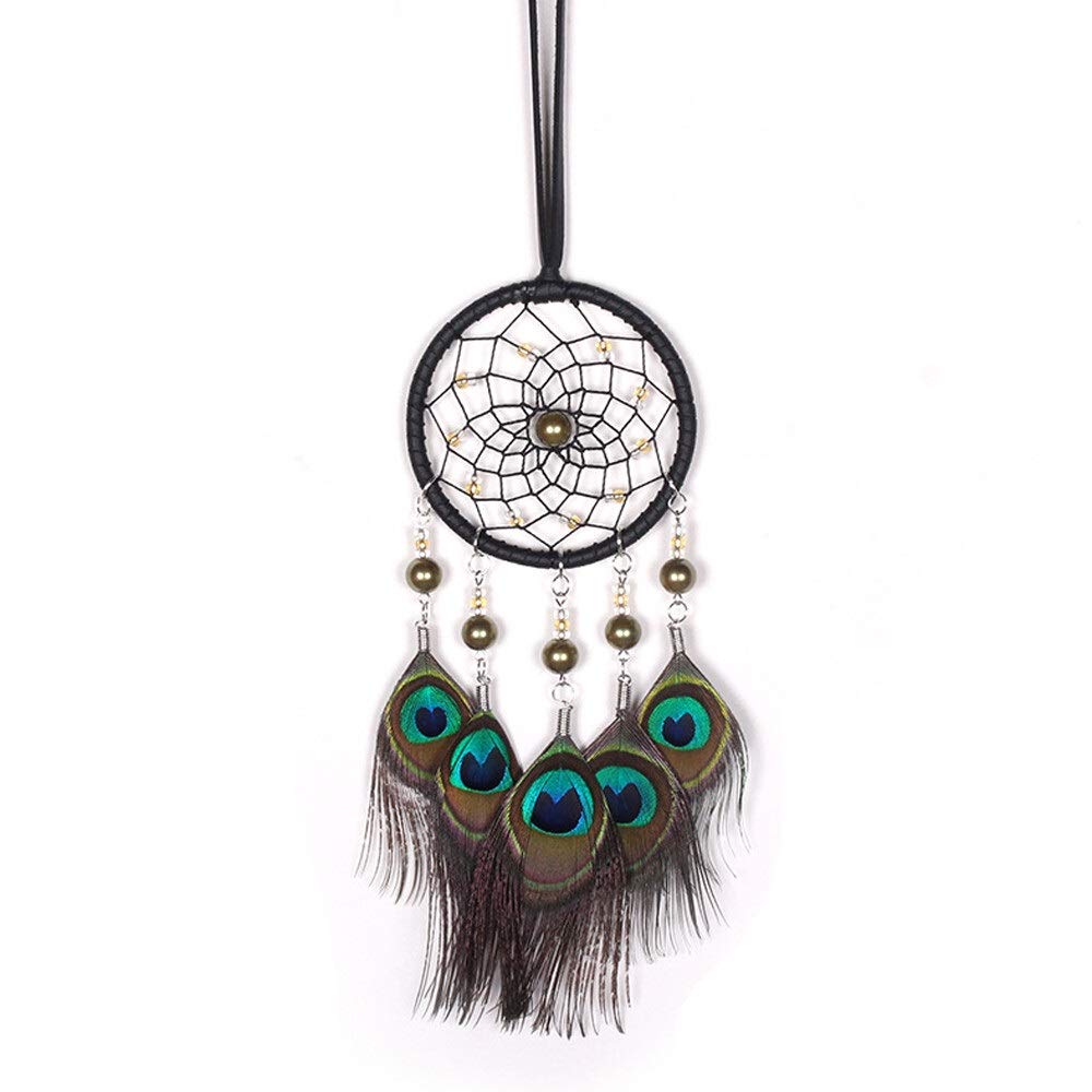 Handmade Dream Catcher with Peacock Feathers - Boho Wall Hanging Decor for Bedroom, Nursery, Living Room & Car - Natural Wind Chimes for Home & Office Decoration