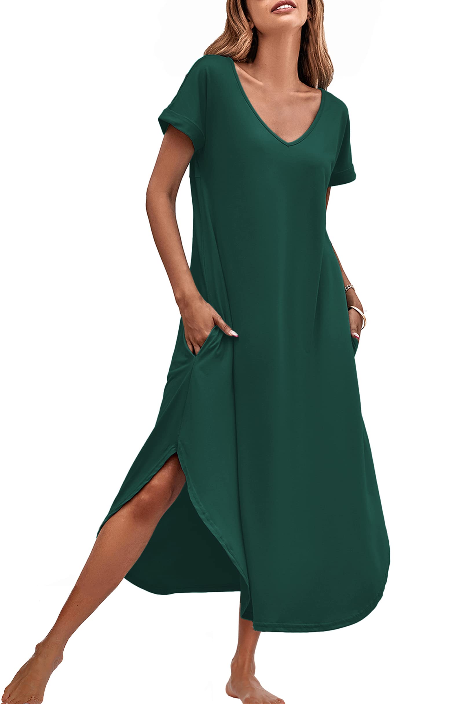 Ekouaer Women's V-Neck Nightgown - Soft Short Sleeve Sleepwear with Side Split Pockets, Long Nightdress Sizes S-3XL - Perfect for Relaxing at Home, Lounging & Comfortable Sleep