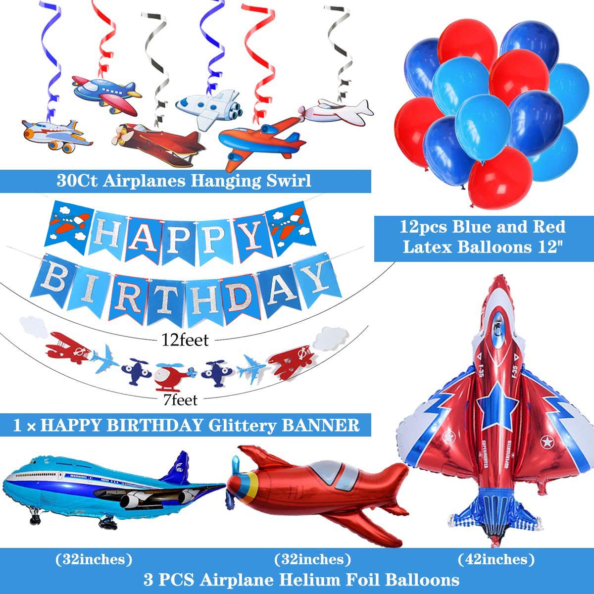 Silver Glitter Airplane Aviator Themed Birthday Party Decorations - 30ct Hanging Airplane Swirls, Foil Balloons & Happy Birthday Banner for Aviation Theme Parties | Perfect for Kids' Birthday, Baby Shower & Aviation Enthusiast Celebrations