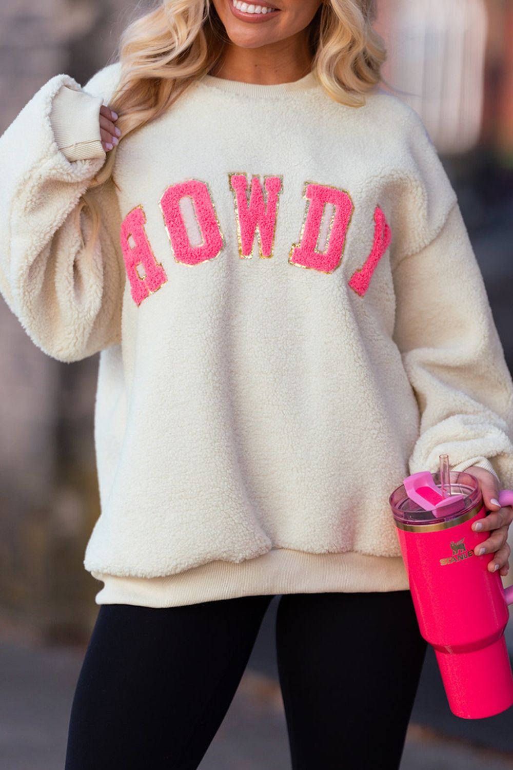 HOWDY Patched Round Neck Sherpa Sweatshirt for Women - Cozy Fleece Pullover with Embroidered Design - Perfect for Winter, Fall and Casual Outings