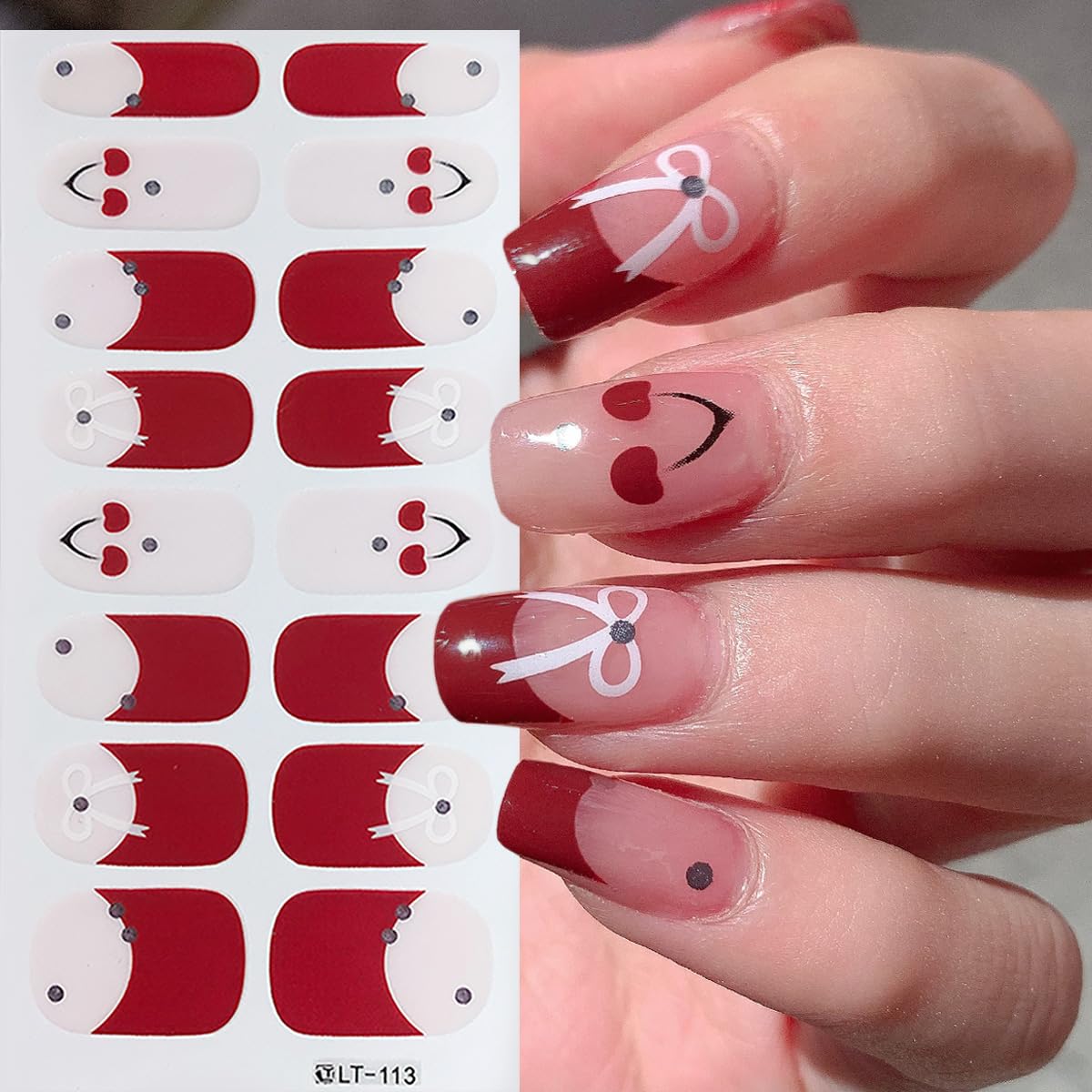 Valentine's Day Gel Nail Stickers - 4 Sheets Red Heart Glitter Nail Polish Strips with Cute Bow Design, Full Wrap DIY Nail Art Stickers for Women, Perfect for Date Night, Bridal Shower & Special Occasions
