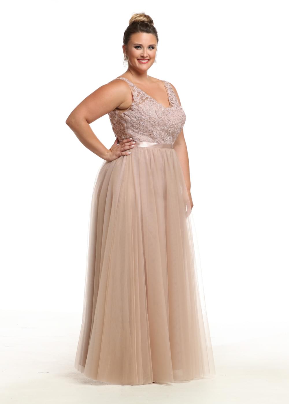 Elegant 80097 A-Line Tulle Bridesmaid Dress with Lace Bodice & Sash - Perfect for Weddings, Prom & Formal Events