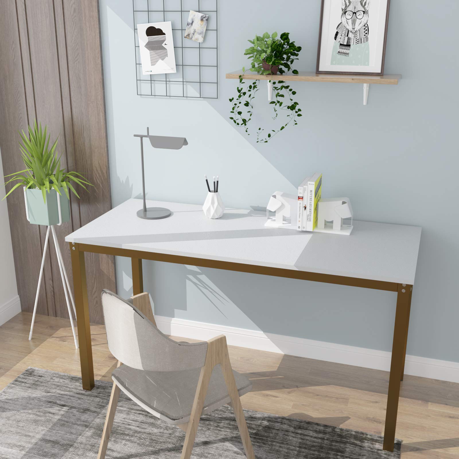 Teraves 55.11 Inch White & Gold Computer Desk - Sturdy Home Office Desk, Dining Table & Writing Workstation for Small Spaces | Perfect for Remote Work, Online Classes & Gaming Setup