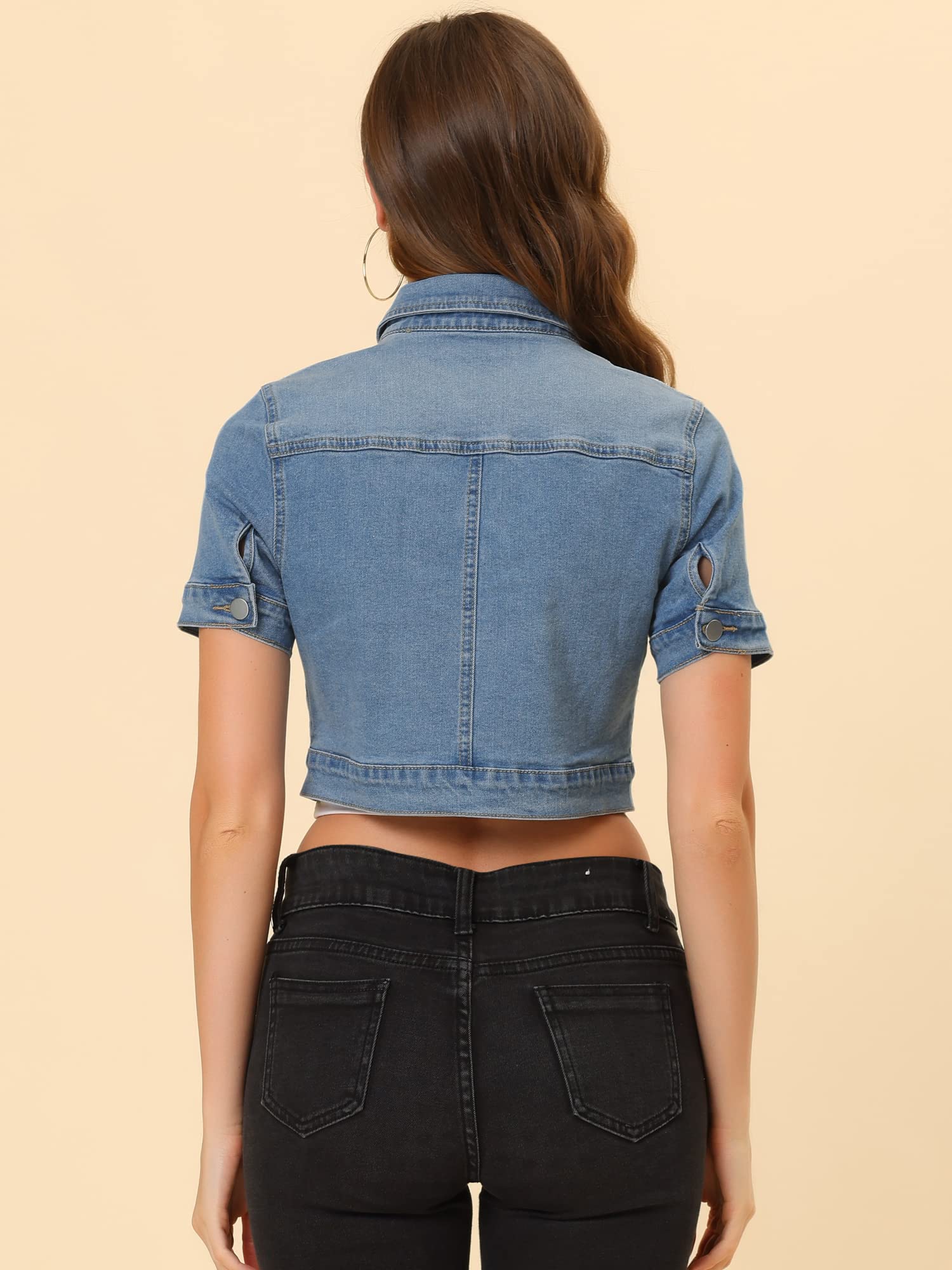 Allegra K Women's Short Sleeve Crop Denim Jacket - Casual Distressed Lightweight Jean Jacket for Spring & Summer | Perfect for Outdoor Activities, Music Festivals, and Street Style Fashion