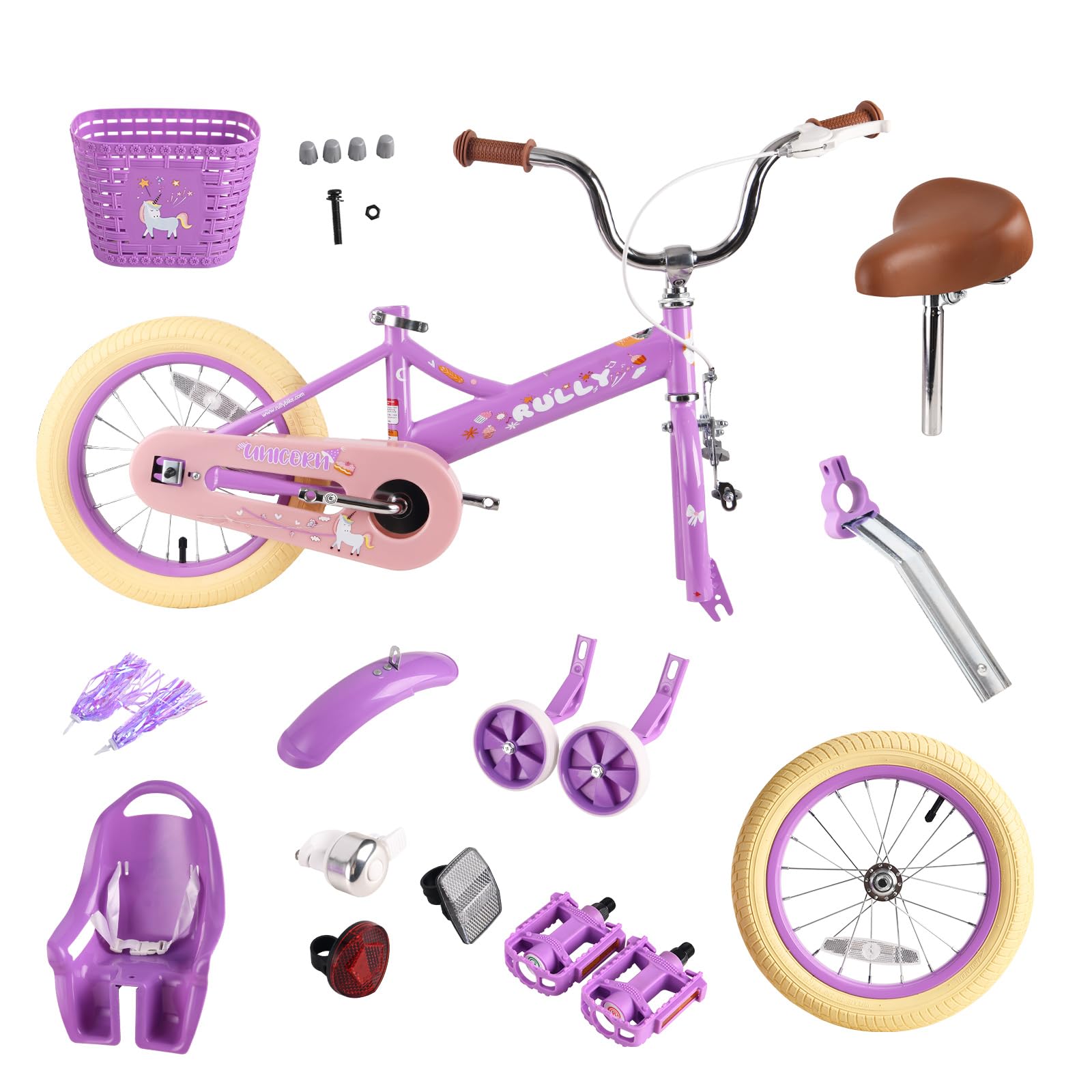 RULLY 12 14 16 Inch Kids Bike for Girls Ages 2-7 Years - Training Wheels, Front Handbrake, Basket & Streamers - Perfect for Neighborhood Rides, Park Adventures & Learning to Cycle